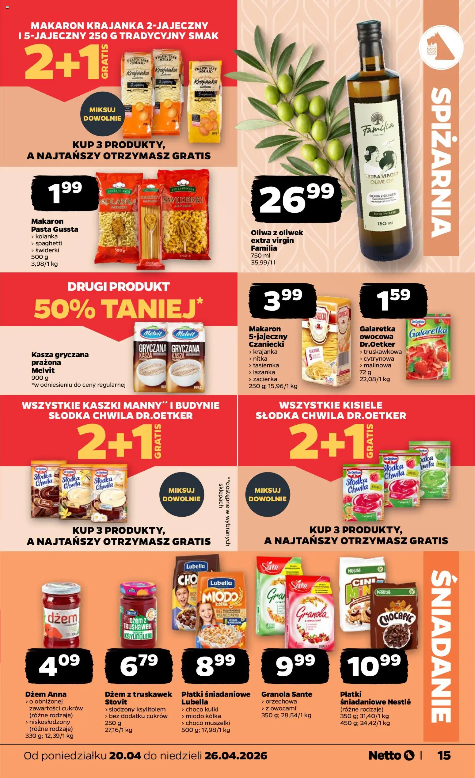 Netto gazetka od poniedziałku spożywcza od 20.04.2026 | Strona: 15 | Produkty: Galaretka, Granola, Dżem, Makaron