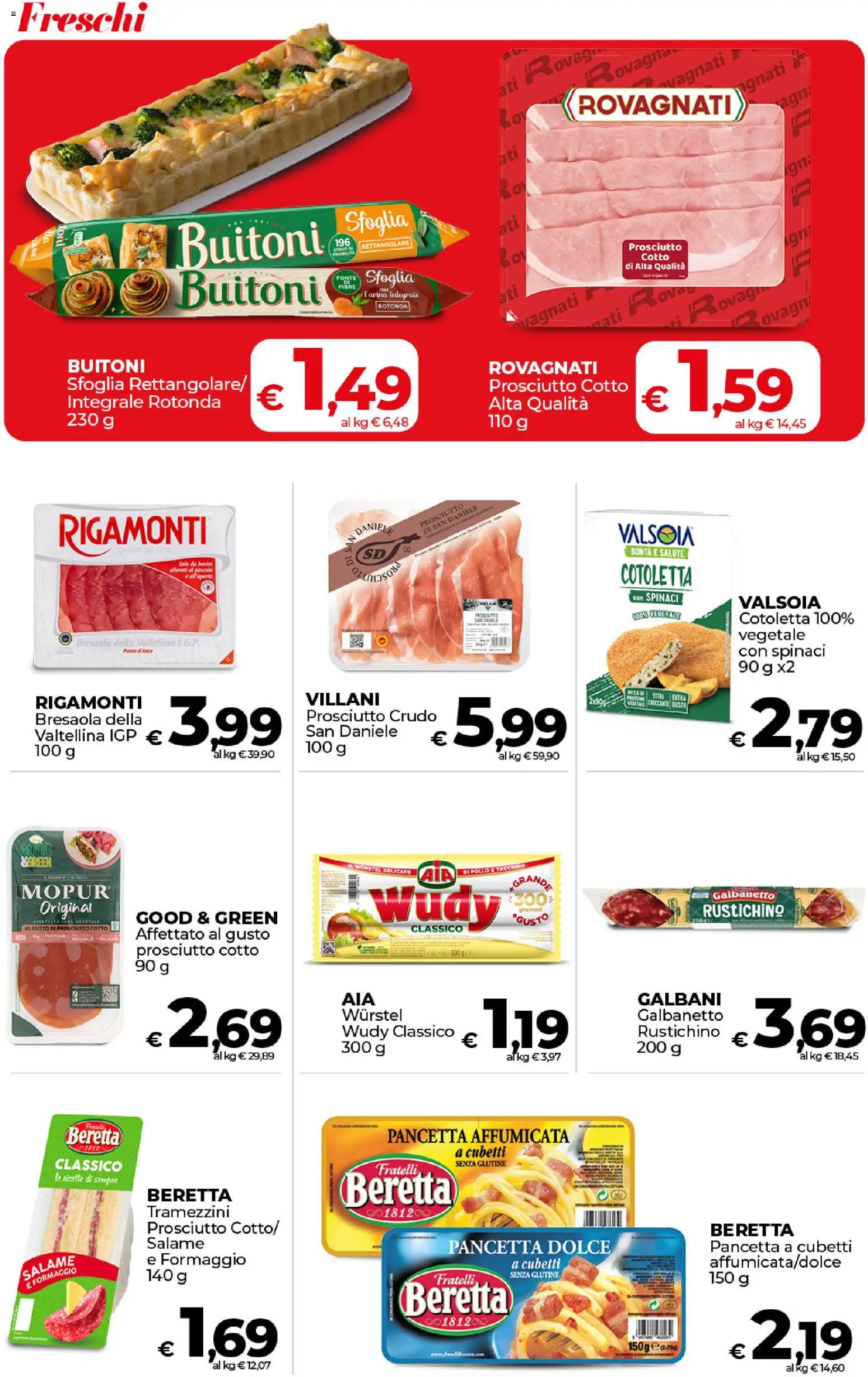 Volantino COOP del 17.01.2026 | Pagina: 8 | Prodotti: Formaggio, Prosciutto, Wurstel, Spinaci