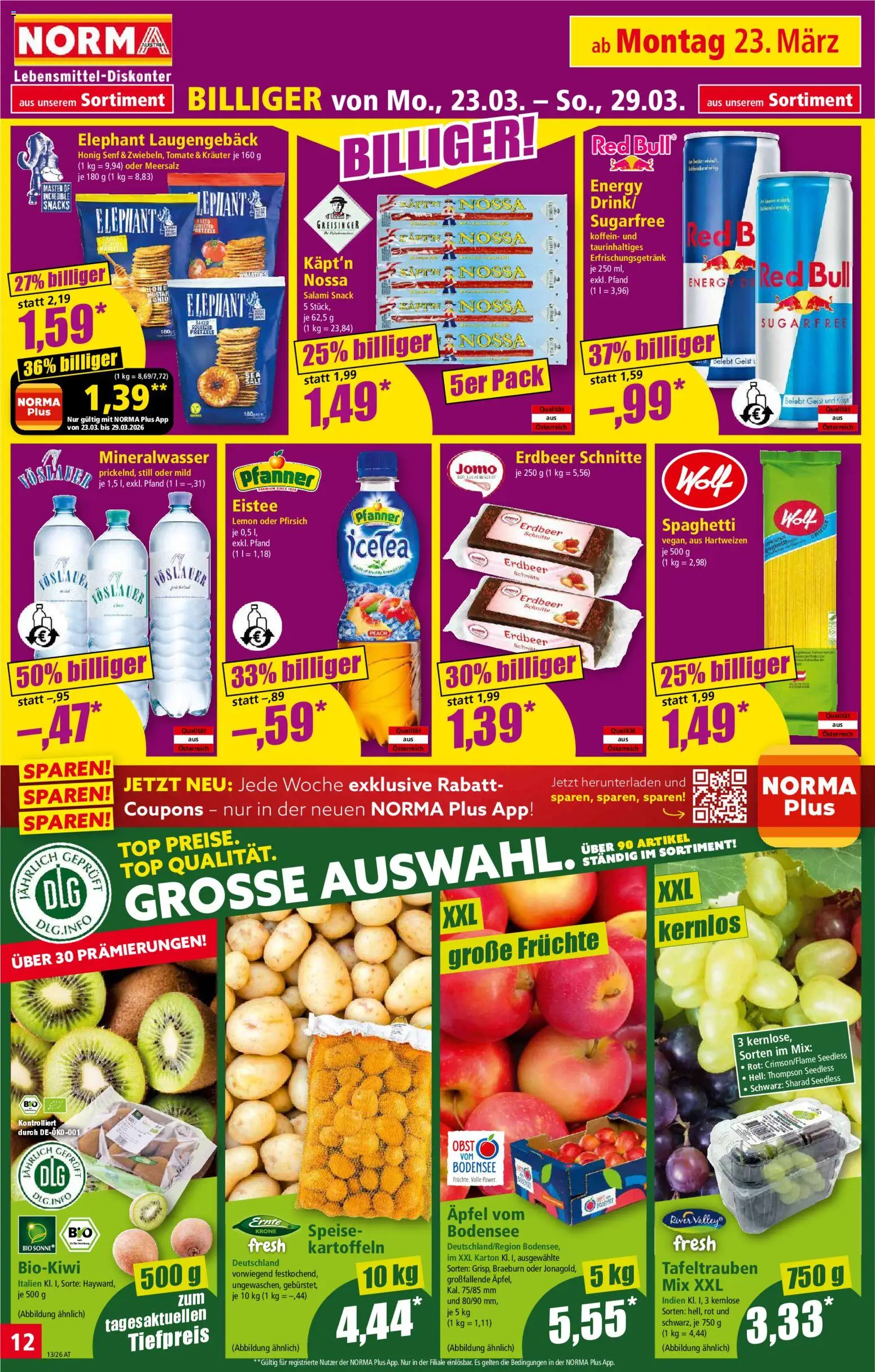 Norma Flugblatt gültig ab 23.03.2026 | Seite: 12 | Produkte: Obst, Pfirsich, Hajdina liszt, Salami