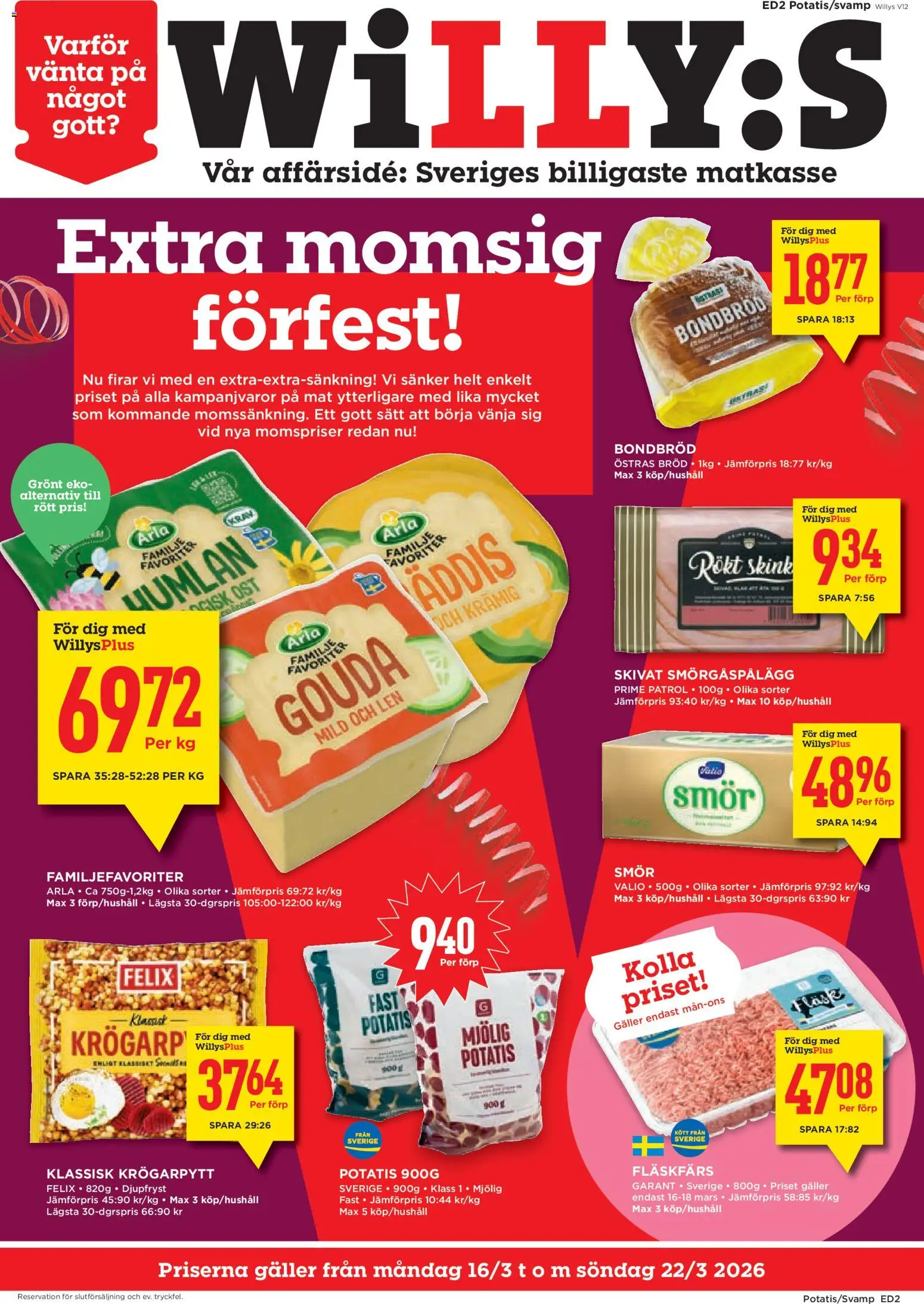 Willys reklamblad aktuell från 16.03.2026 | Sida: 1 | Produkter: Galler, Bröd, Fläsk, Potatis