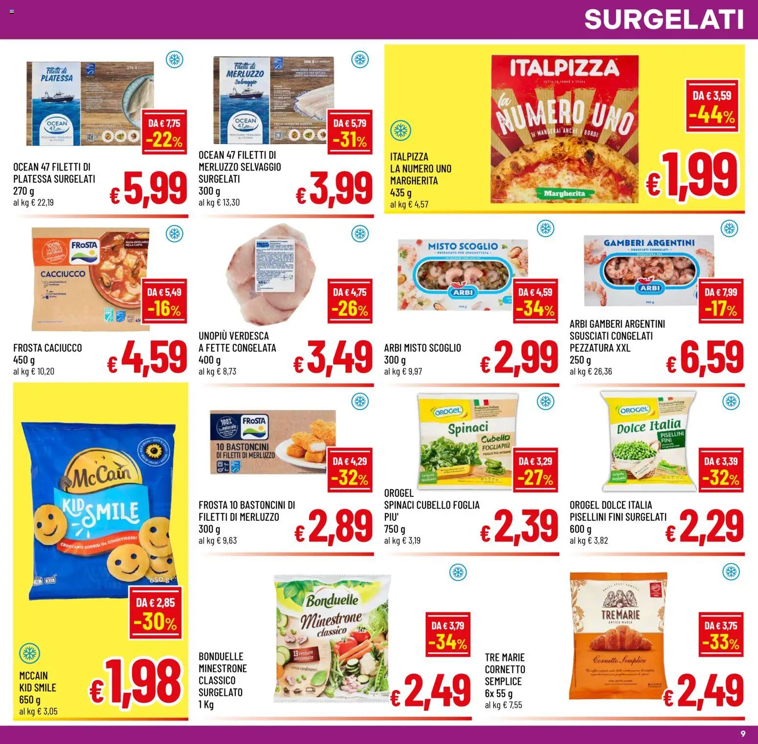 Volantino A&O del 15.04.2026 | Pagina: 9 | Prodotti: Minestrone, Cornetto, Gamberi, Spinaci