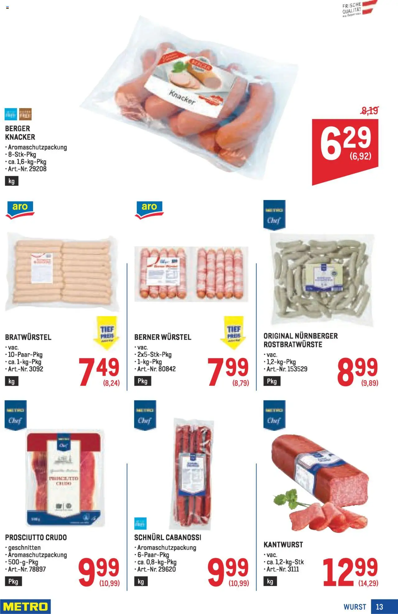 Metro Angebote Profi gültig ab 07.08.2025 | Seite: 13 | Produkte: Wurst