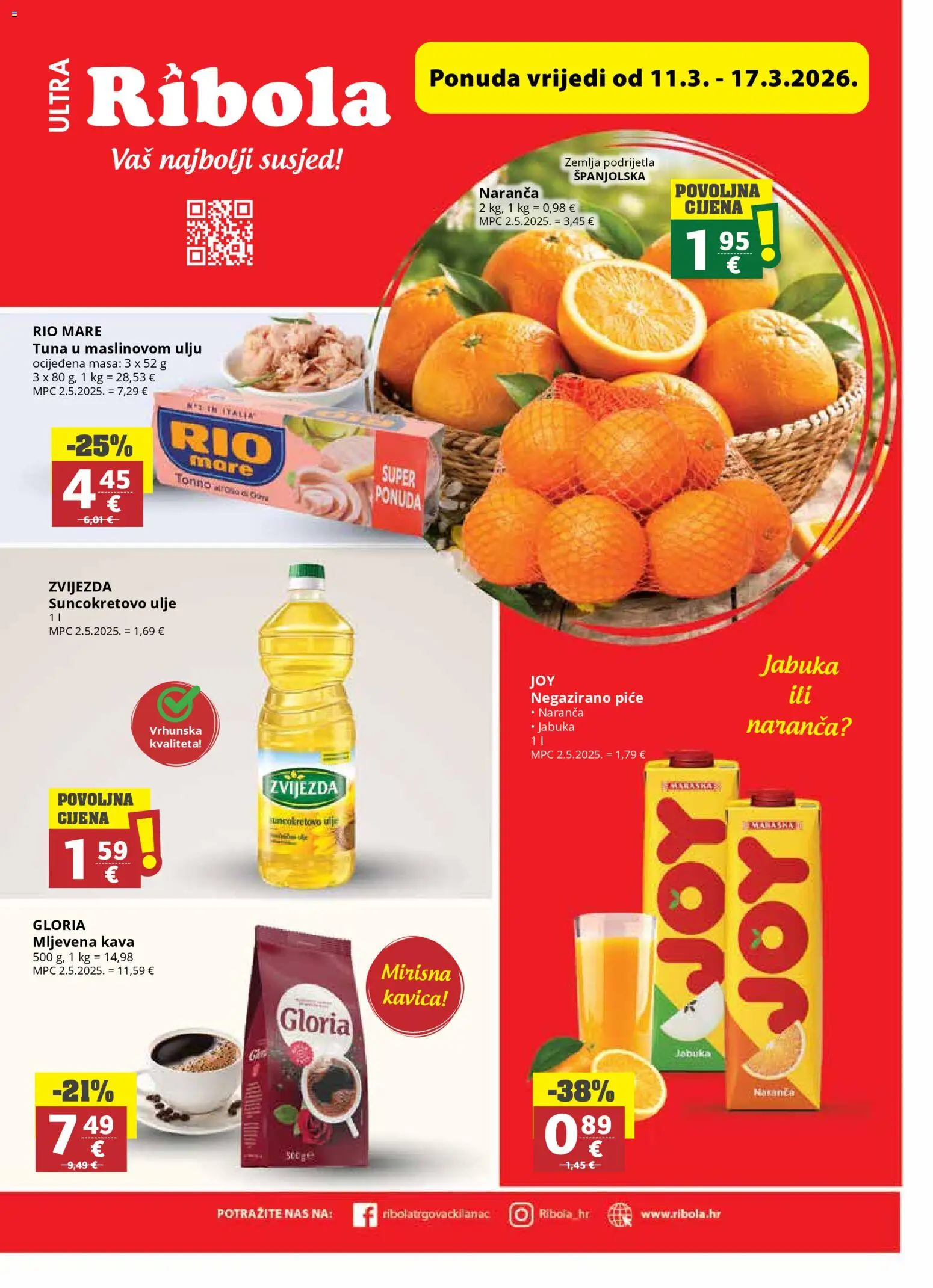 Ribola katalog | vrijedi od 11.03.2026 | Stranica: 1 | Proizvodi: Suncokretovo ulje, Rio Mare, Kava, Jabuka