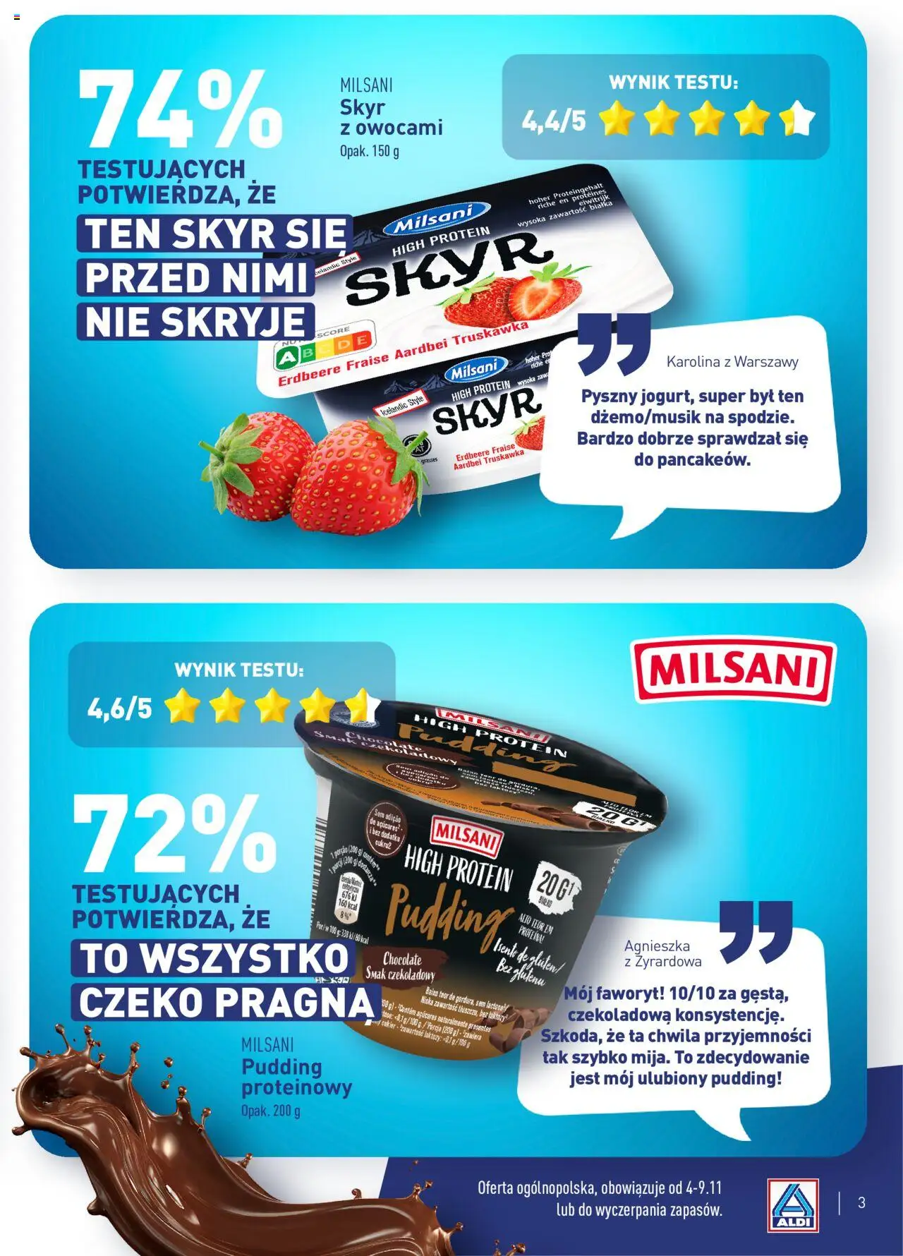Aldi Gazetka - Wielki test od 04.11.2024 | Strona: 3 | Produkty: Czekoladowa, Bez laktozy, Por, Skyr