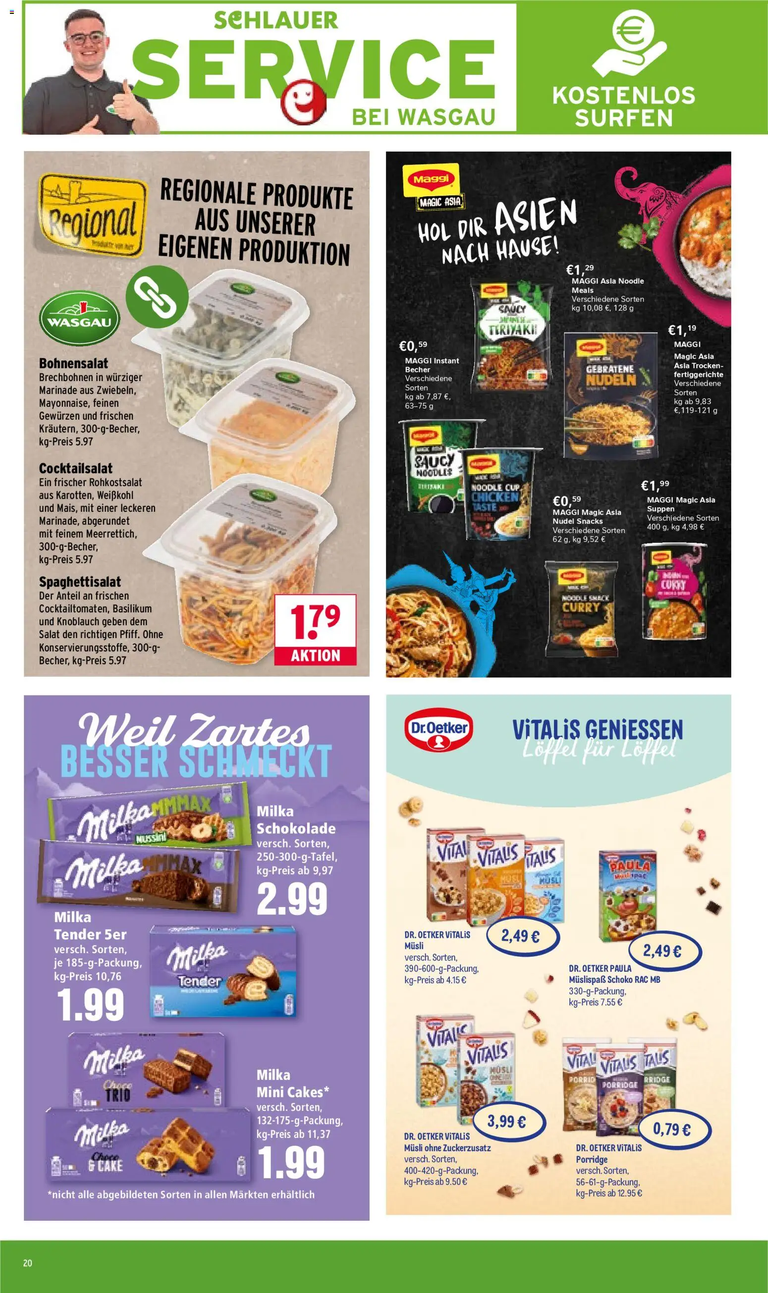 Wasgau Prospekt 	 – gültig ab 19.01.2026 | Seite: 20 | Produkte: Milka schokolade, Milka, Fertiggerichte, Nudeln