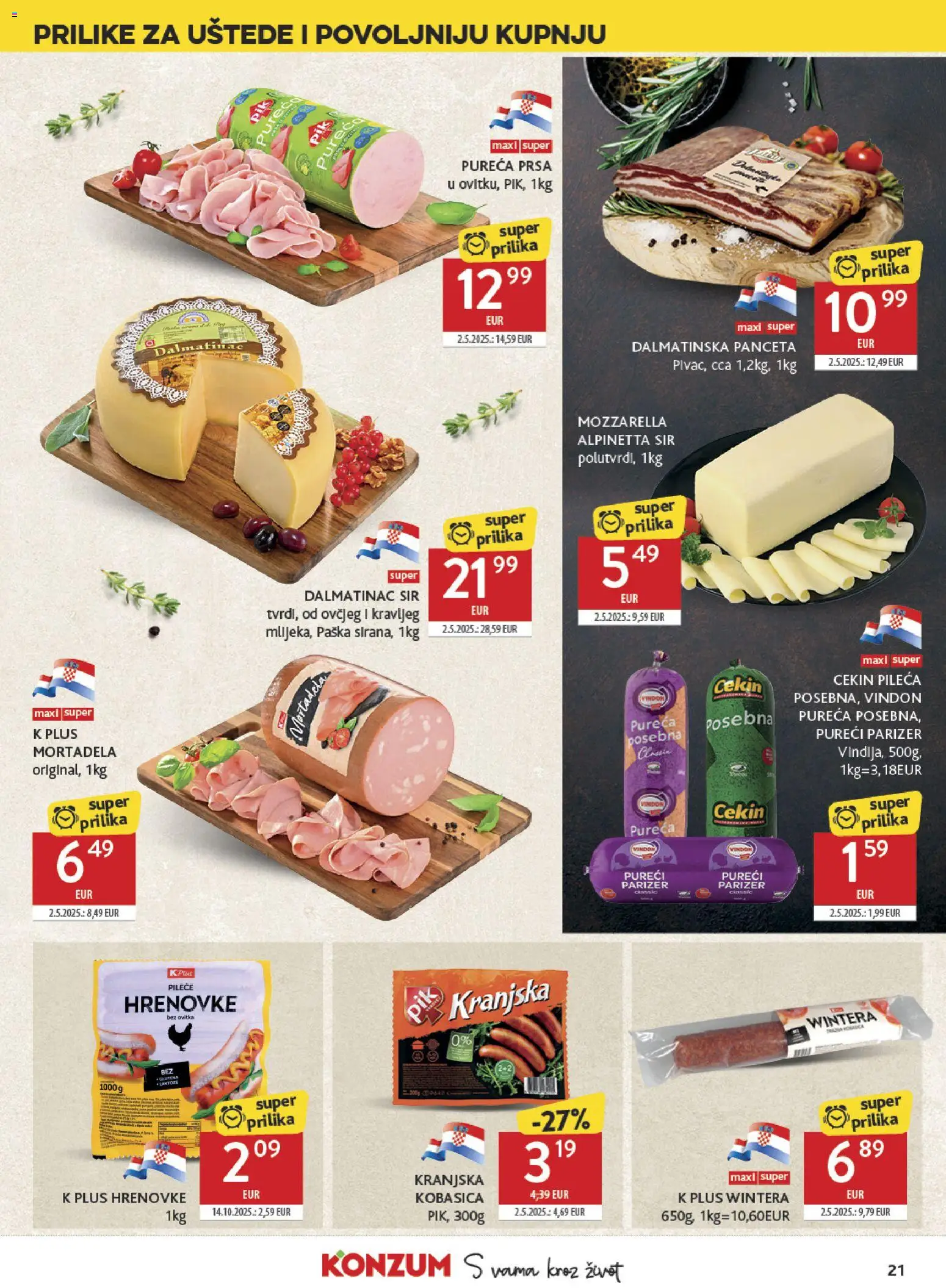 Konzum katalog | vrijedi od 04.03.2026 | Stranica: 21 | Proizvodi: Sir, Kobasica, Panceta, Parizer