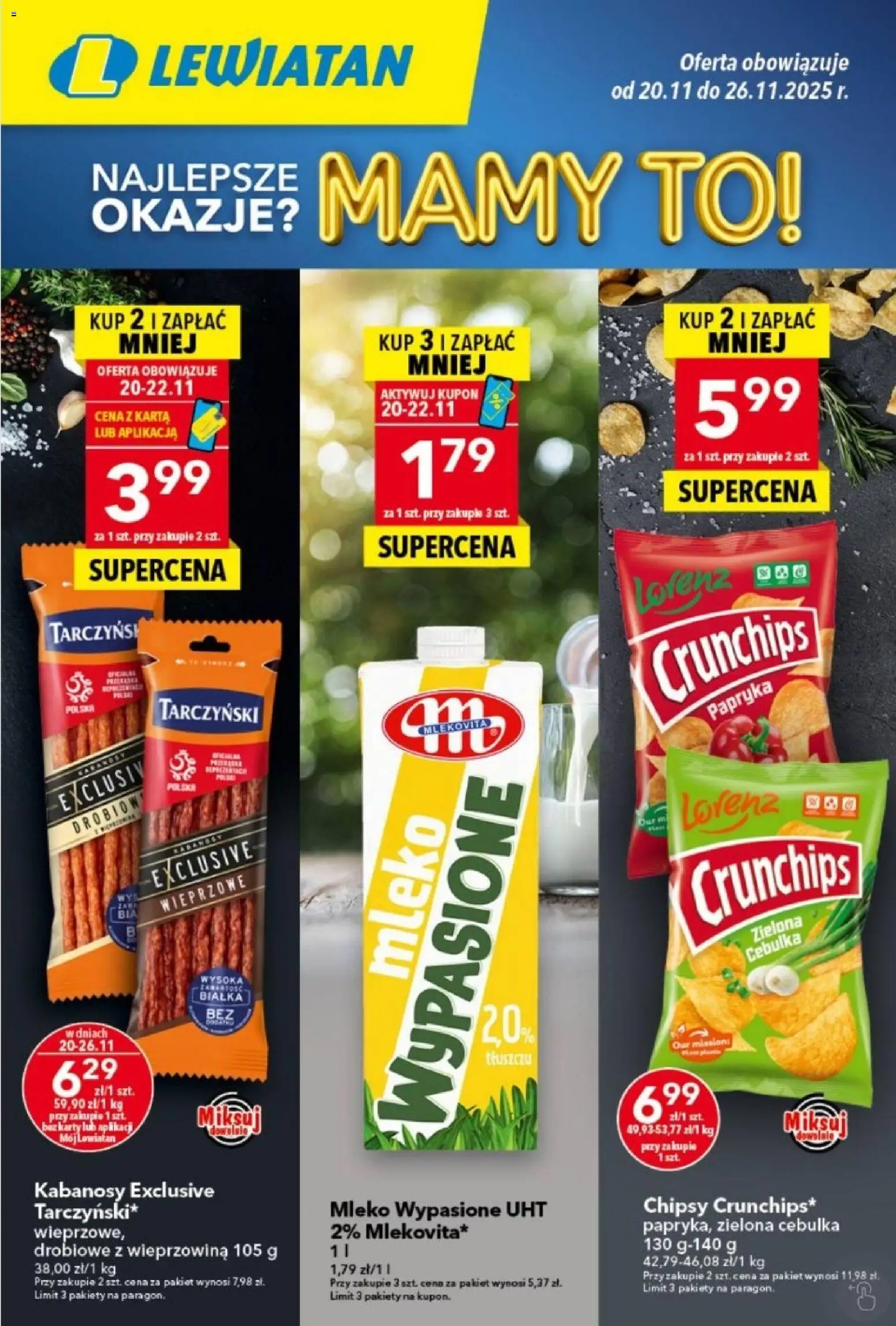 Lewiatan gazetka od 20.11.2025 | Strona: 1 | Produkty: Kabanosy, Papryka, Mleko, Wieprzowina