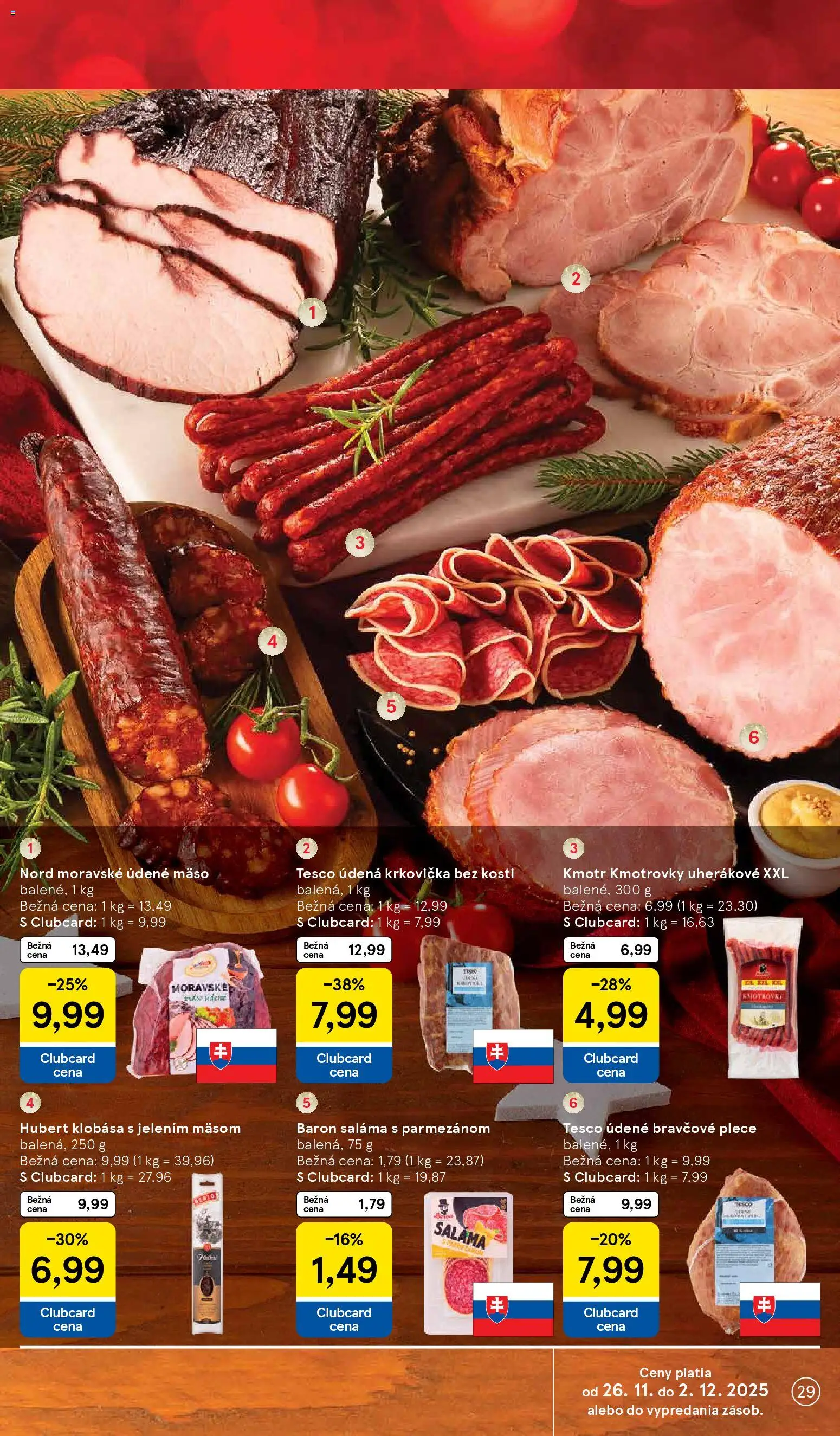 Nové Tesco akcie – leták je platný od 26.11.2025 | Strana: 29 | Produkty: Saláma, Klobása, Bravčové plece, Krkovička