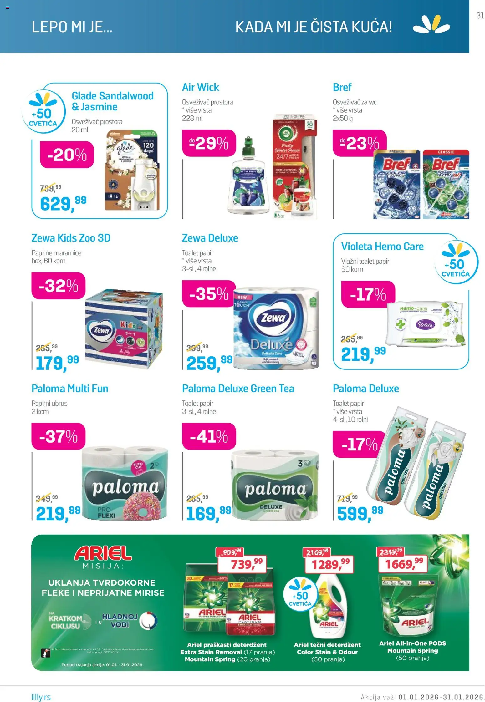 Lilly drogerie katalog - važi od 01.01.2026 | Strana: 31 | Proizvode: Tečni deterdžent, Toalet papir, Air wick, Ubrus