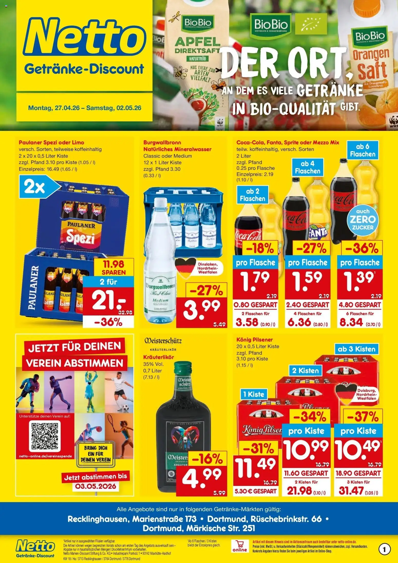 Netto Marken-Discount Prospekt Recklinghausen	 – gültig ab 27.04.2026 | Seite: 1 | Produkte: Fanta, Orangensaft, Saft, Oder mezzo mix