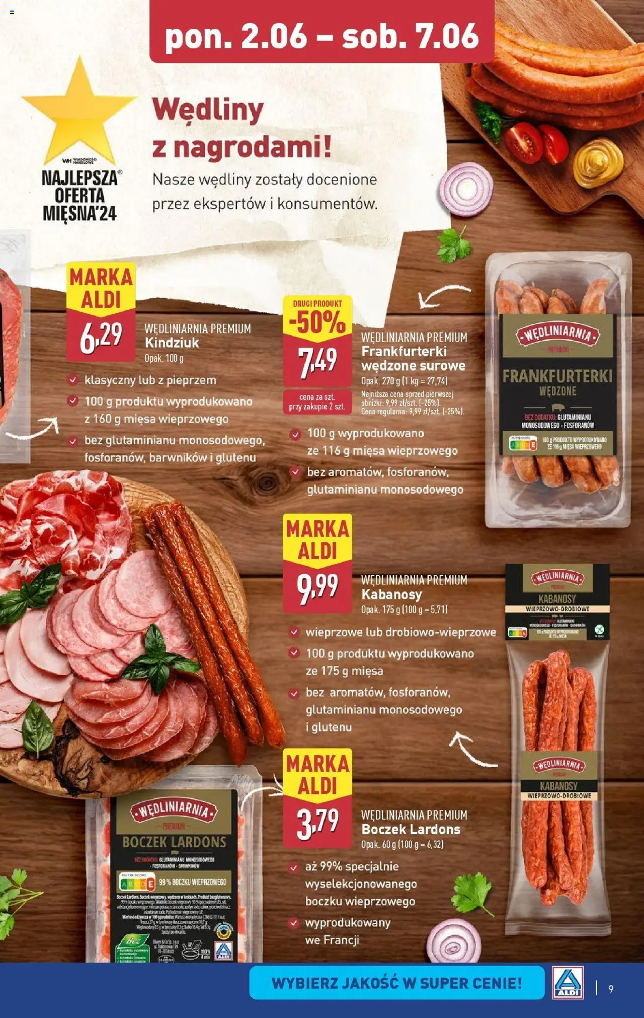 Aldi Gazetka od 02.06.2025 | Strona: 9 | Produkty: Frankfurterki, Boczek, Kindziuk, Wędliny