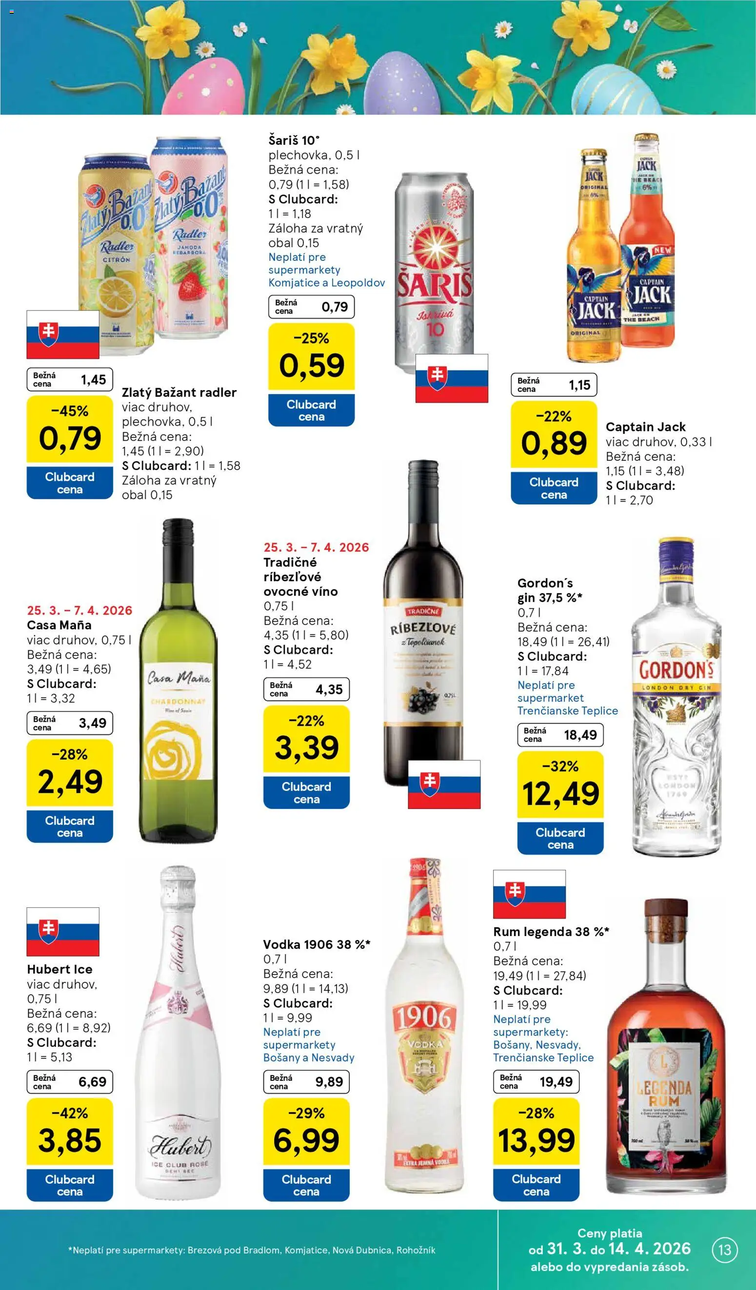 Nové Tesco akcie – leták je platný od 31.03.2026 | Strana: 13 | Produkty: Víno, Radler, Šariš, Gin