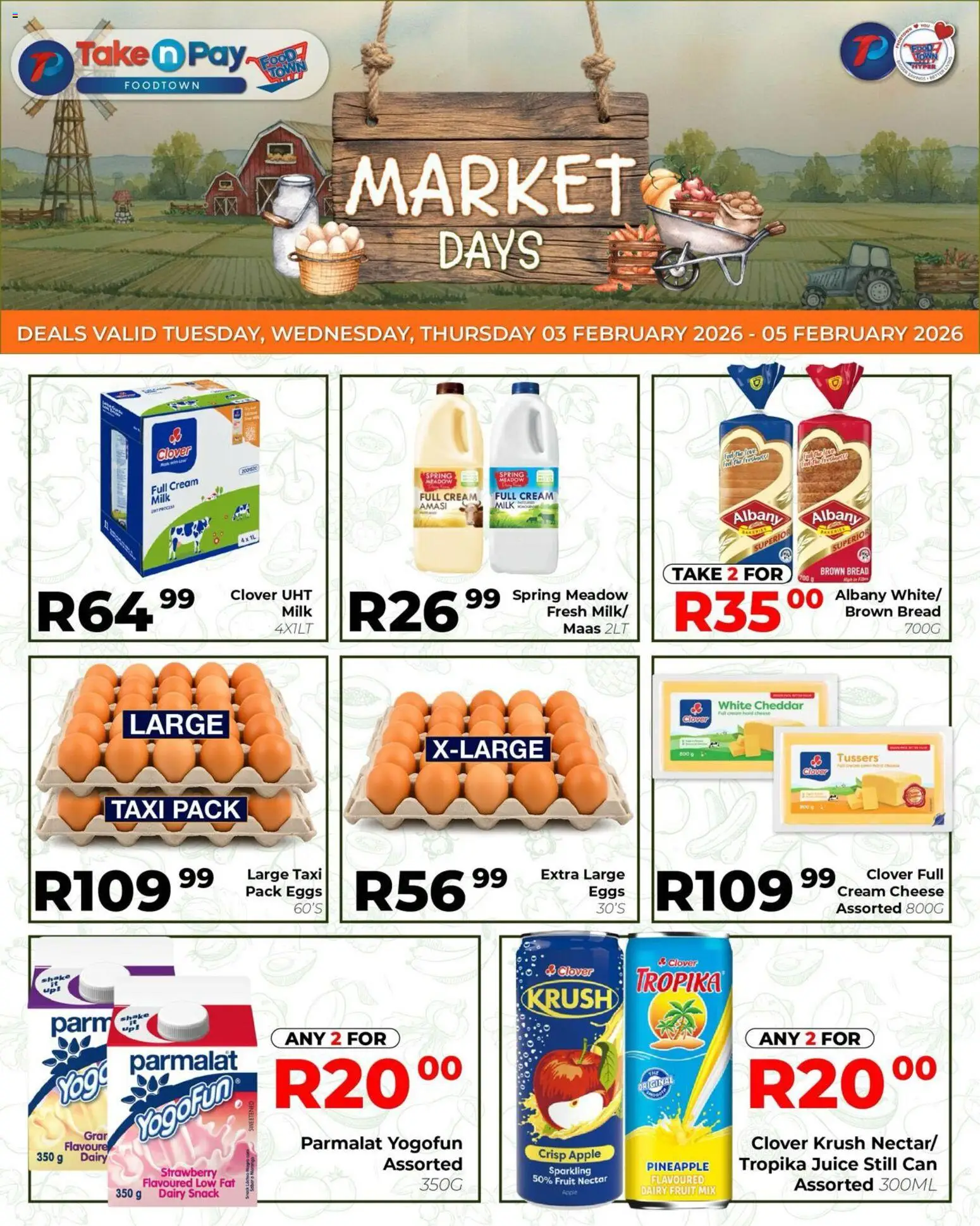 New Take n Pay catalogue – valid from 03.02.2026 | Page: 7 | Products: Milk, Bread, Pineapple, Cream
