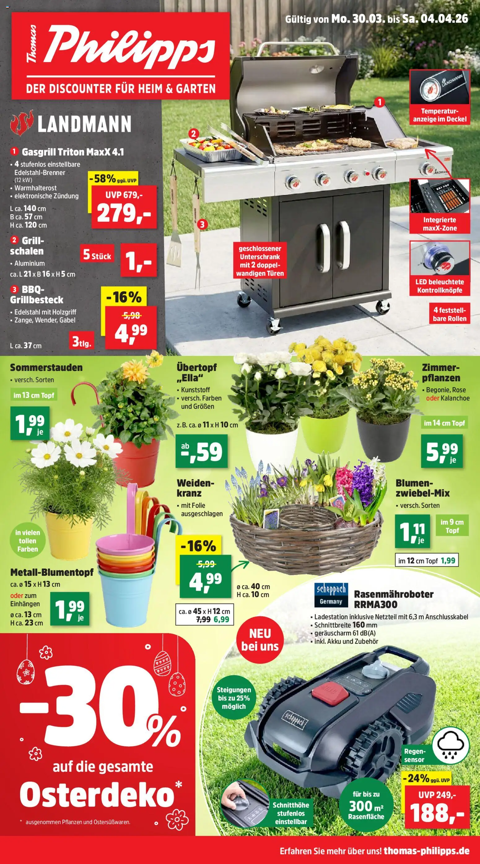 Thomas Philipps Prospekt – gültig ab 30.03.2026 | Seite: 1 | Produkte: Grill, Blumen, Unterschrank, Netzteil