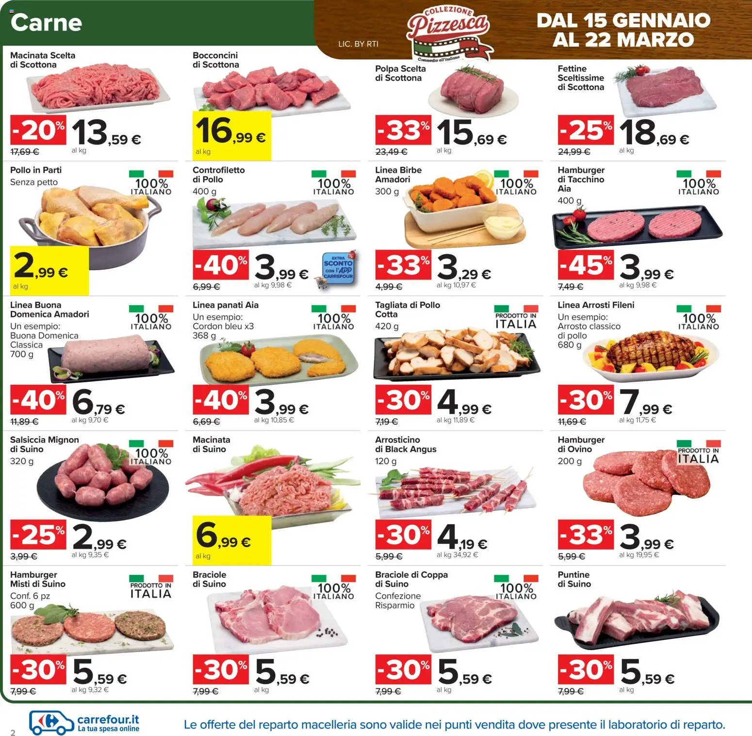 Volantino Carrefour del 27.01.2026 | Pagina: 2 | Prodotti: Tacchino, Salsiccia, Hamburger, Ovino