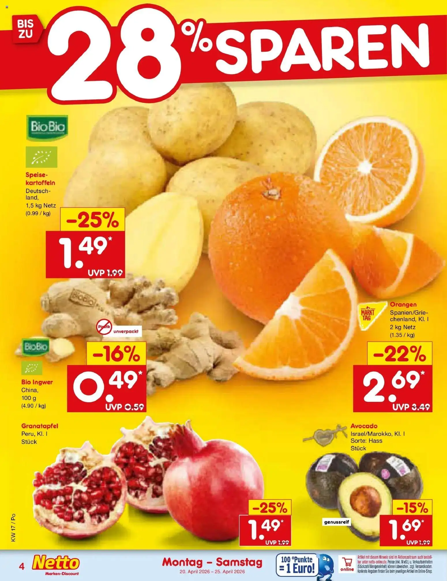 Netto Marken-Discount Prospekt Regensburg	 – gültig ab 20.04.2026 | Seite: 6 | Produkte: Granatapfel, Orangen, Avocado, Kartoffeln