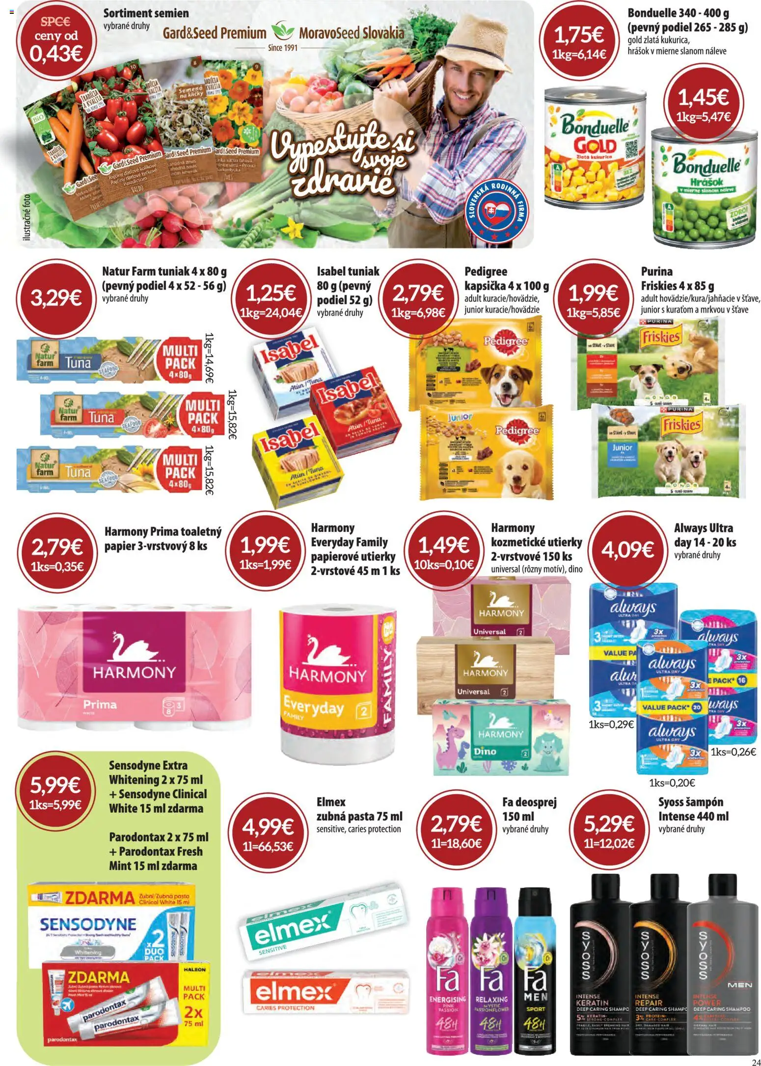 Nové CBA Komfos akcie – leták je platný od 05.03.2026 | Strana: 24 | Produkty: Tuniak, Friskies, Zubná pasta, Kukurica