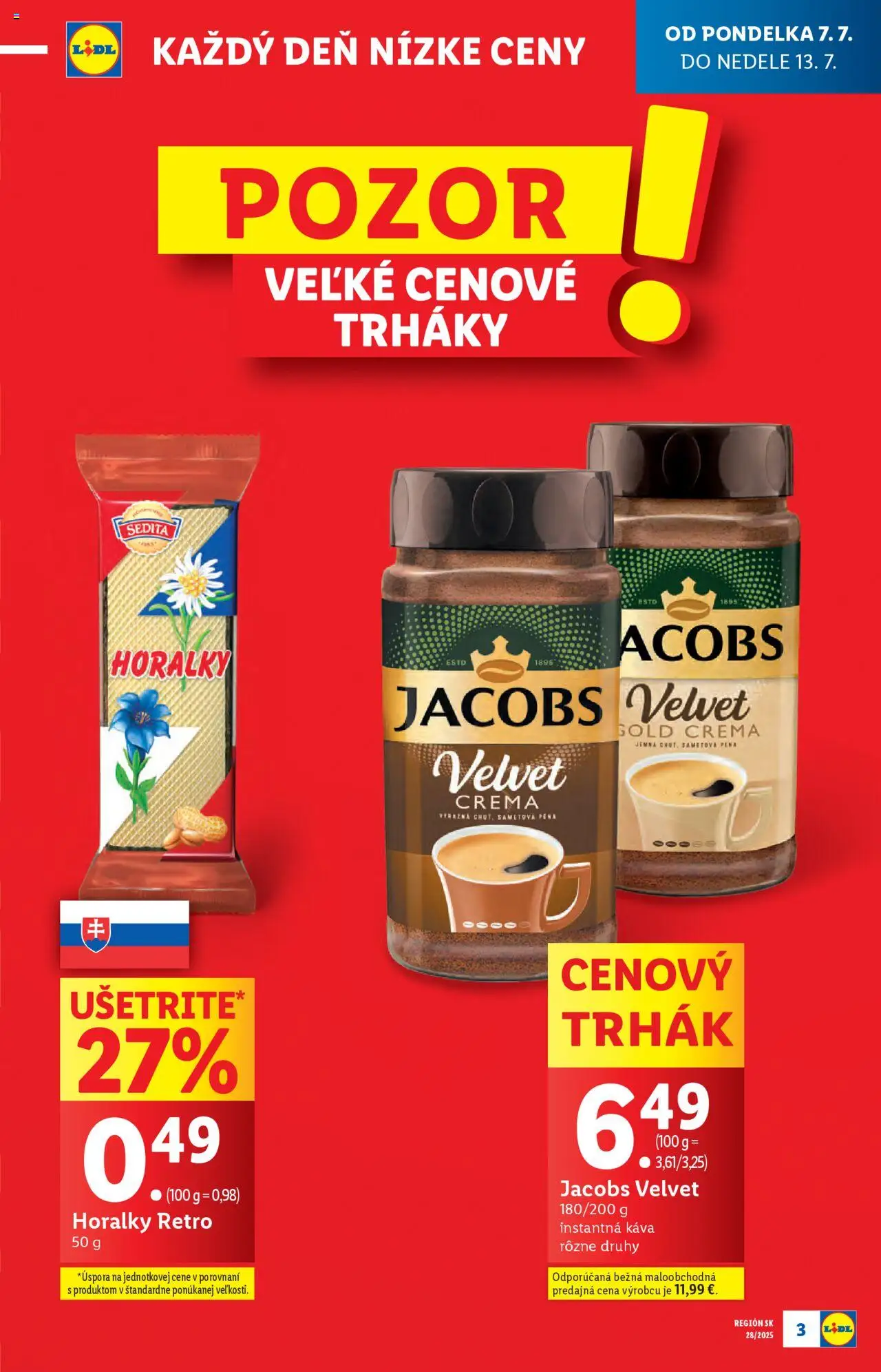Lidl leták │ platný od 07.07.2025 | Strana: 3 | Produkty: Jacobs Velvet, Káva, Horálky