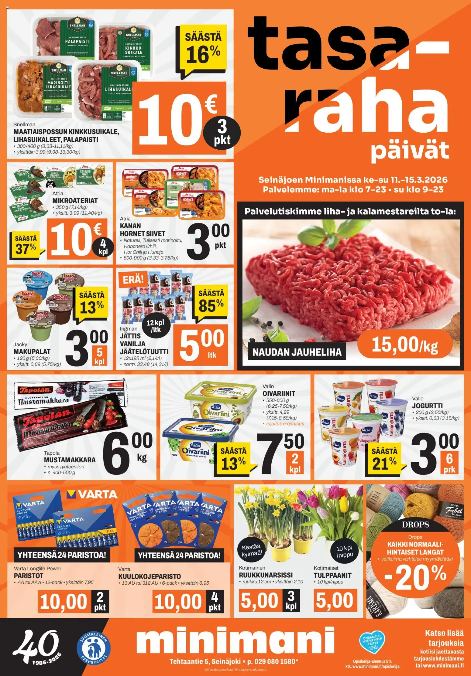 Minimani Tarjoukset - Seinäjoki – voimassa 11.03.2026 alkaen | Sivu: 1 | Tuotteet: Jauheliha, Paristot, Kinkku, Hunaja