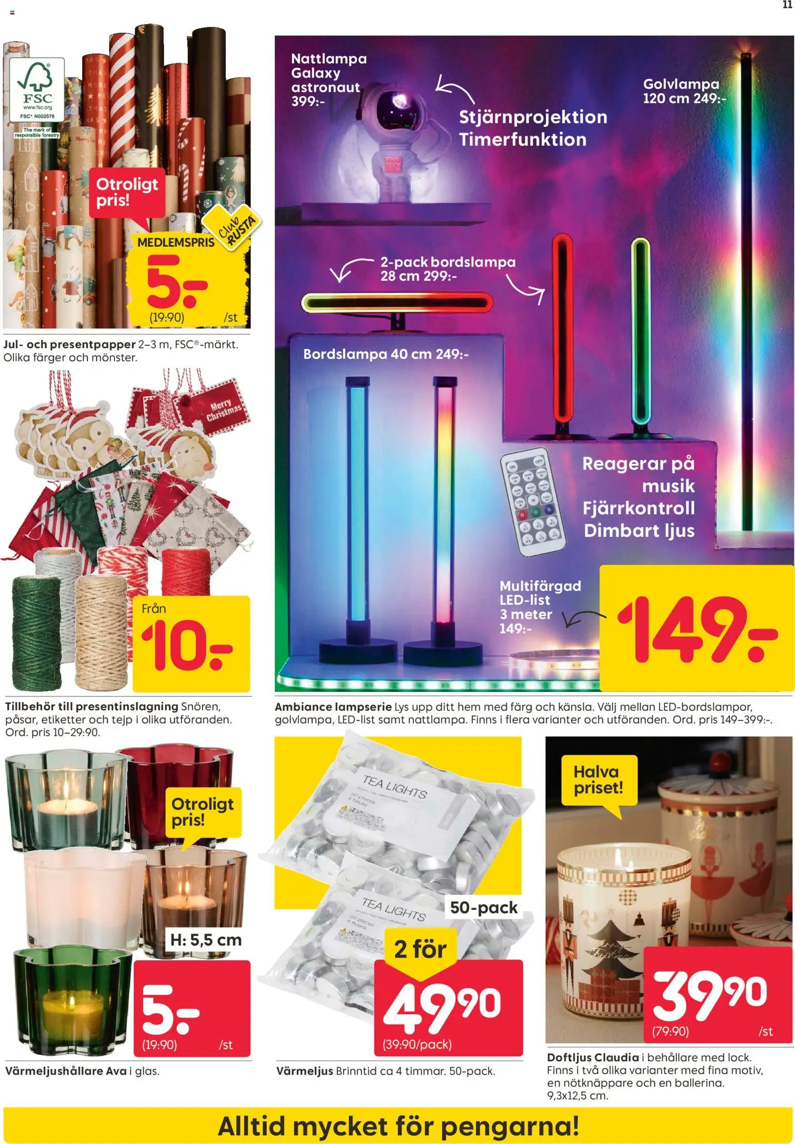 Rusta reklamblad aktuell från 27.10.2025 | Sida: 11 | Produkter: Bordslampa, Värmeljus, Tejp, Ljus