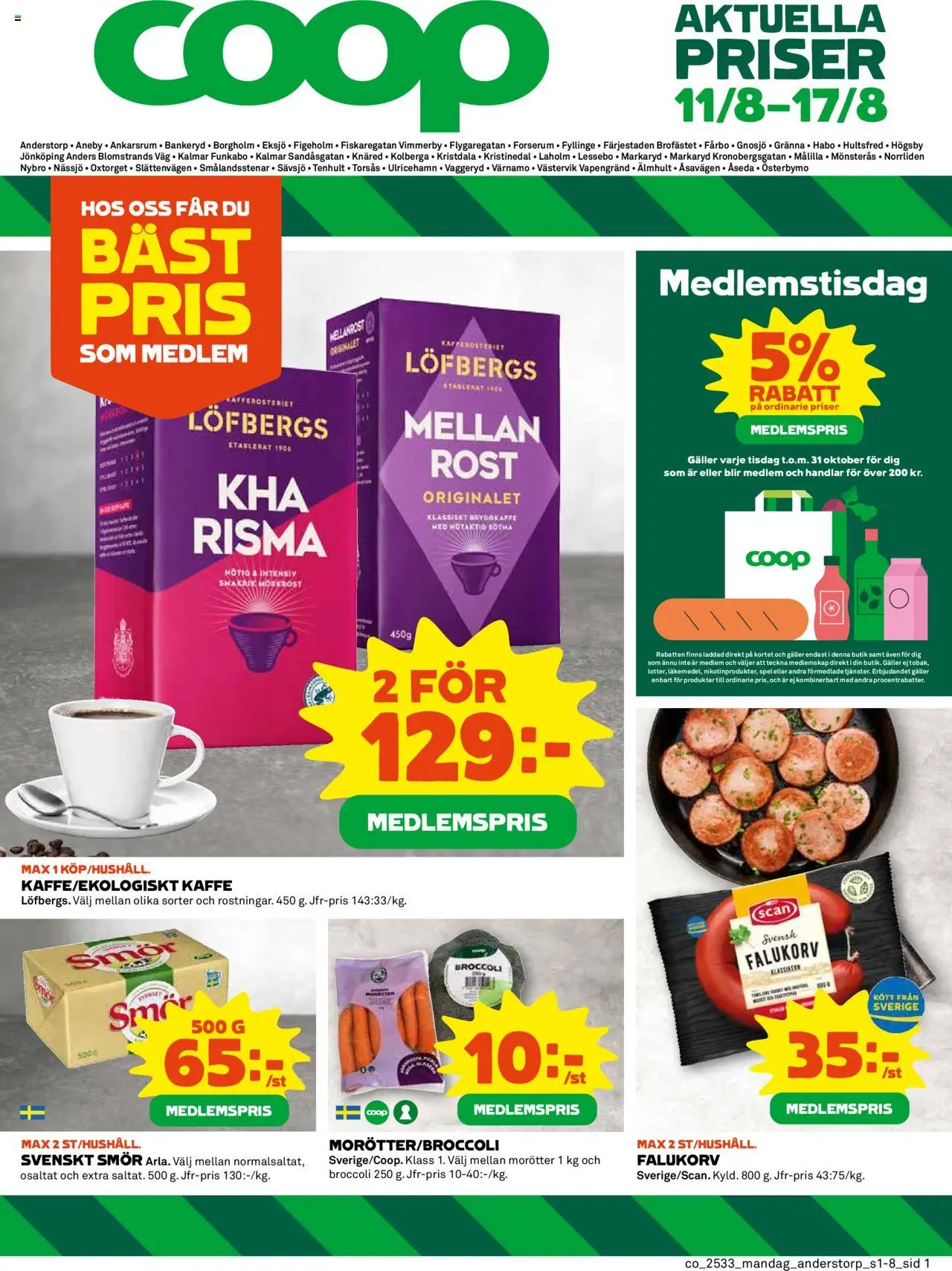 Coop reklamblad aktuell från 11.08.2025 | Sida: 1 | Produkter: Galler, Smör, Kaffe, Spel