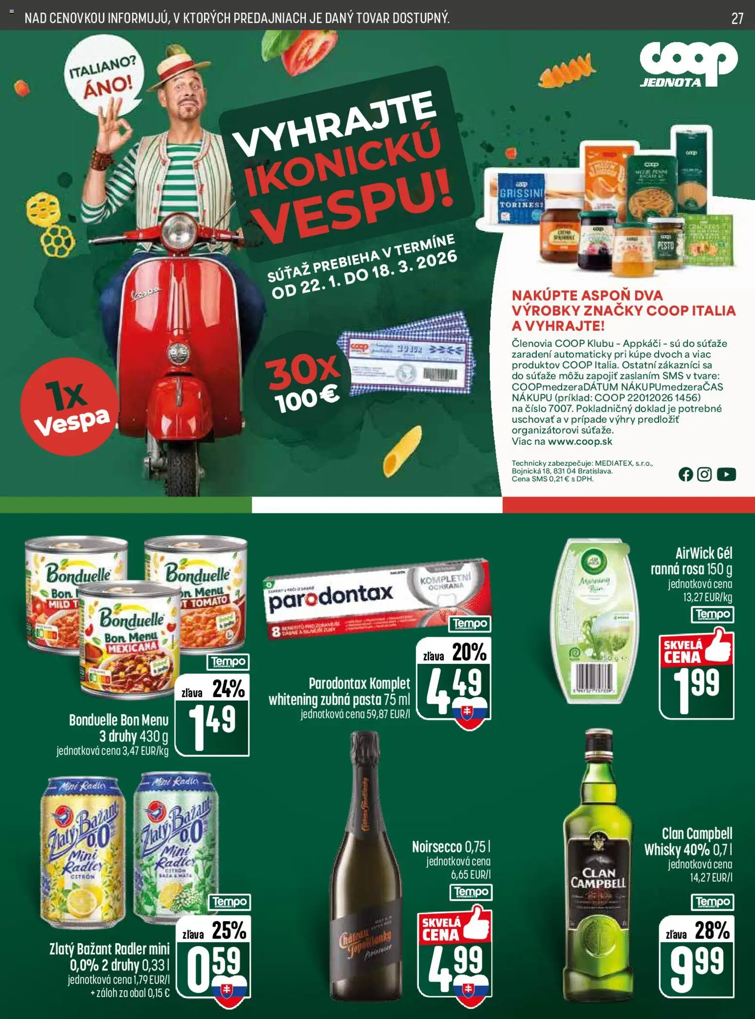 Nové COOP Jednota akcie – leták je platný od 29.01.2026 | Strana: 27 | Produkty: Radler, Zlatý Bažant, Zubná pasta, Whisky