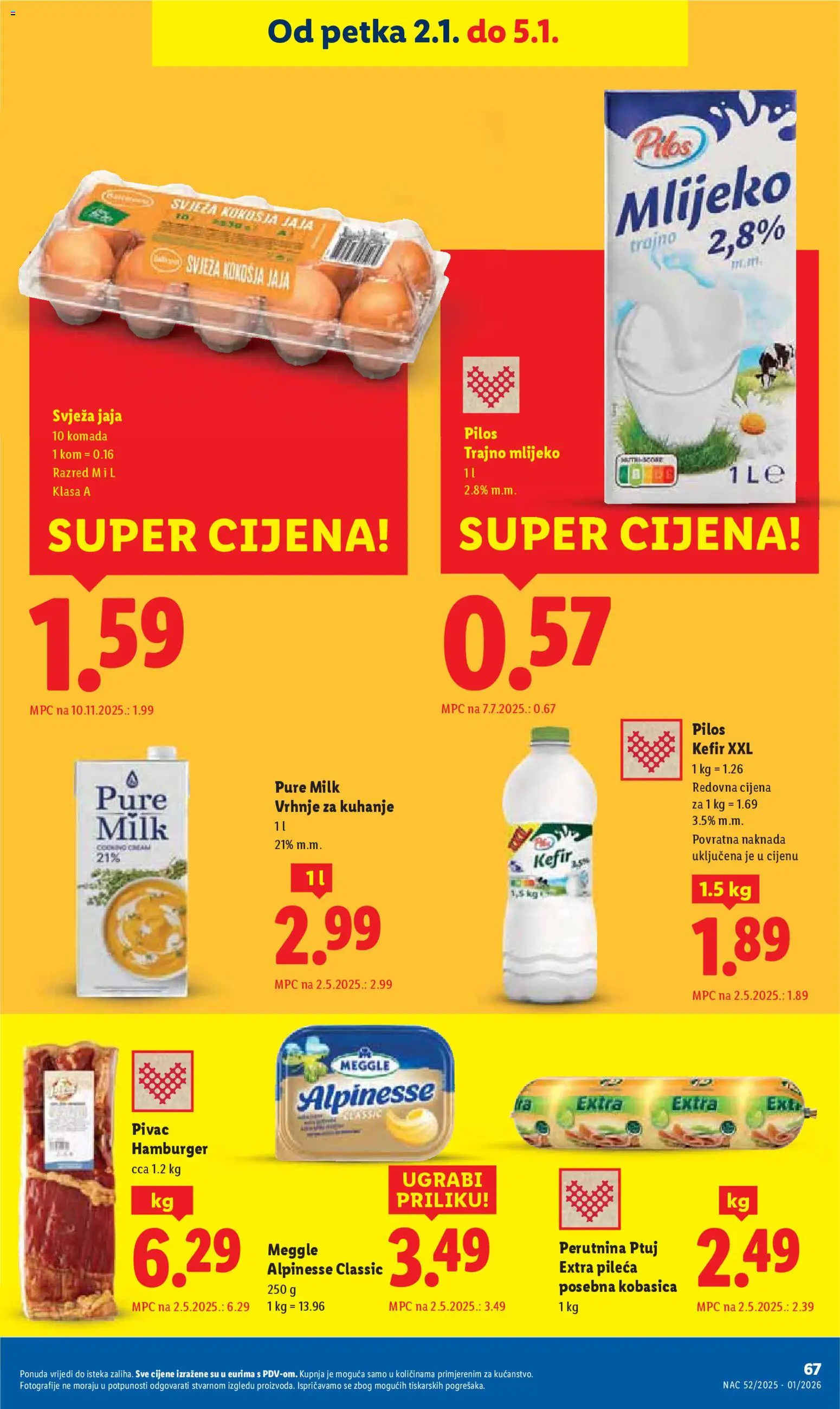 Lidl katalog | vrijedi od 27.12.2025 | Stranica: 67 | Proizvodi: Vrhnje za kuhanje, Perutnina Ptuj, Hamburger, Kefir