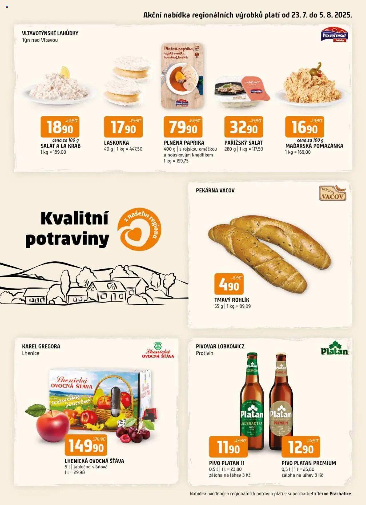 Terno leták - Prachatice od 23.07.2025 | Strana: 1 | Produkty: Paprika, Pomazánka, Pivo Platan, Láhev