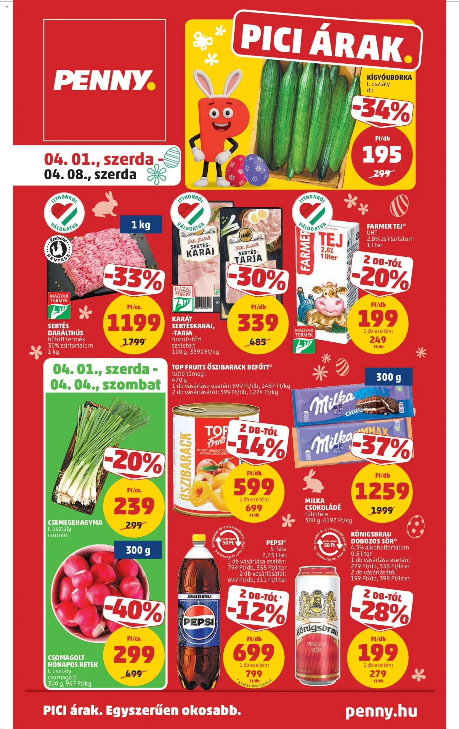 PENNY akciós ujság - amely érvényes a következő dátumtól: 01.04.2026 | Oldal: 1 | Termékek: Farmer, Retek, Csokoládé, Dobozos sör