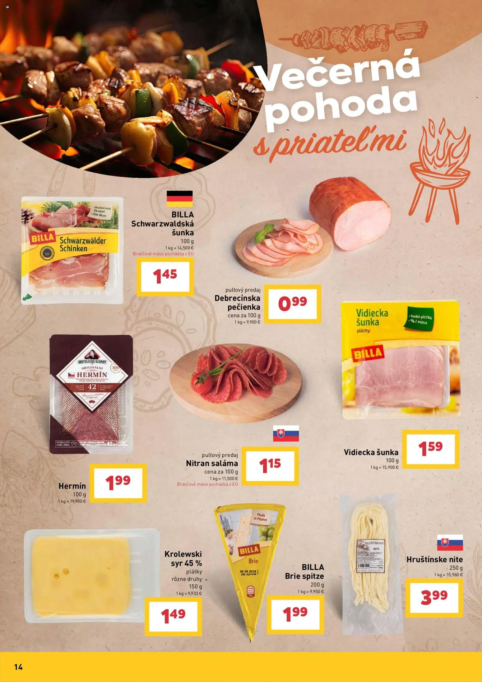 Nové Billa akcie – leták je platný od 29.04.2026 | Strana: 14 | Produkty: Syr, Saláma, Šunka, Bravčové mäso