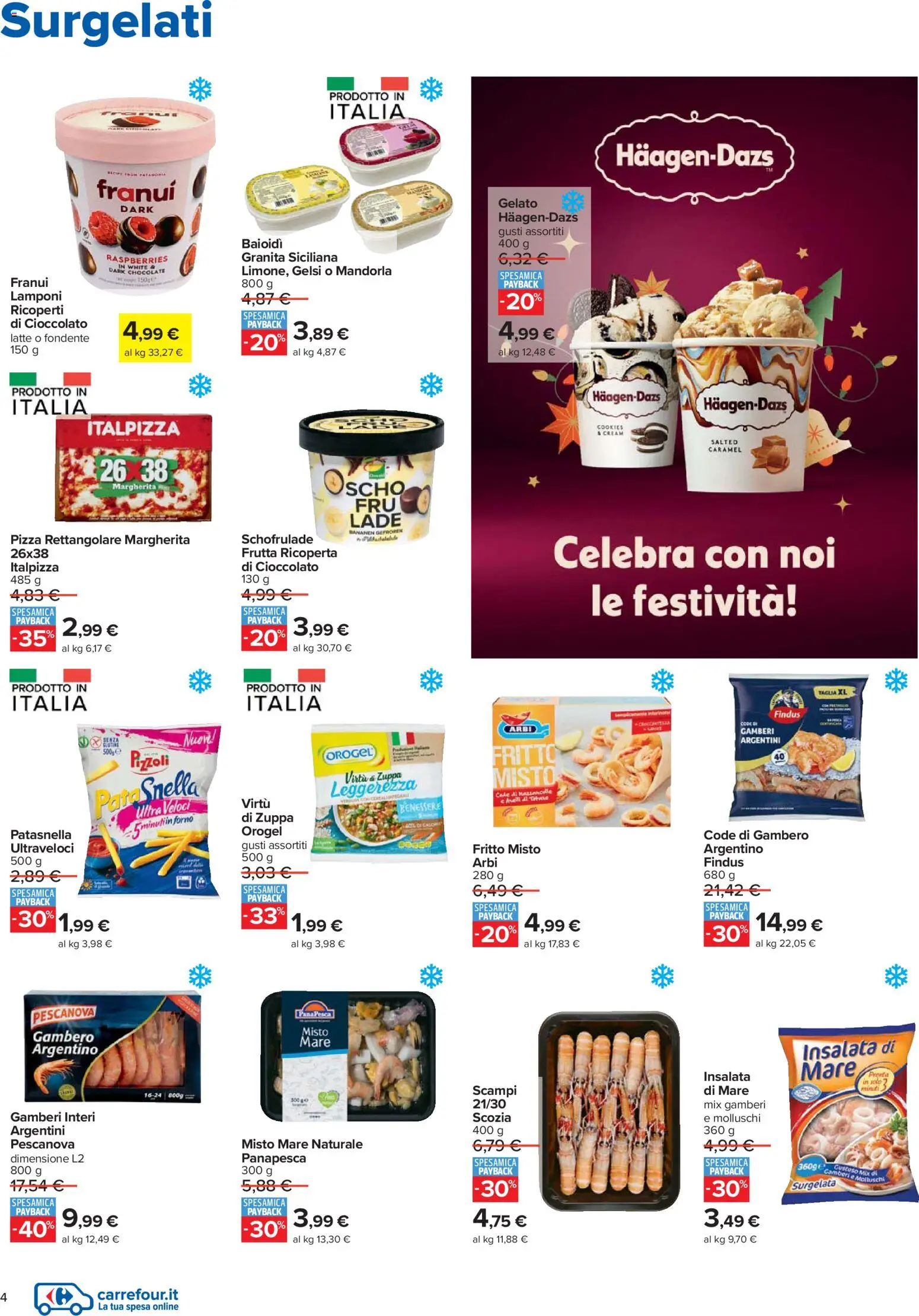 Volantino Carrefour del 27.12.2025 | Pagina: 4 | Prodotti: Gamberi, Gelato, Frutta, Forno