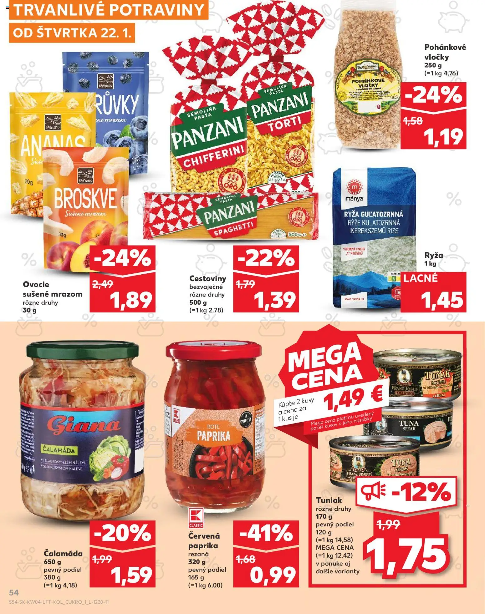 Nové Kaufland akcie – leták je platný od 22.01.2026 | Strana: 54 | Produkty: Tuniak, Ryža, Červená paprika, Ovocie