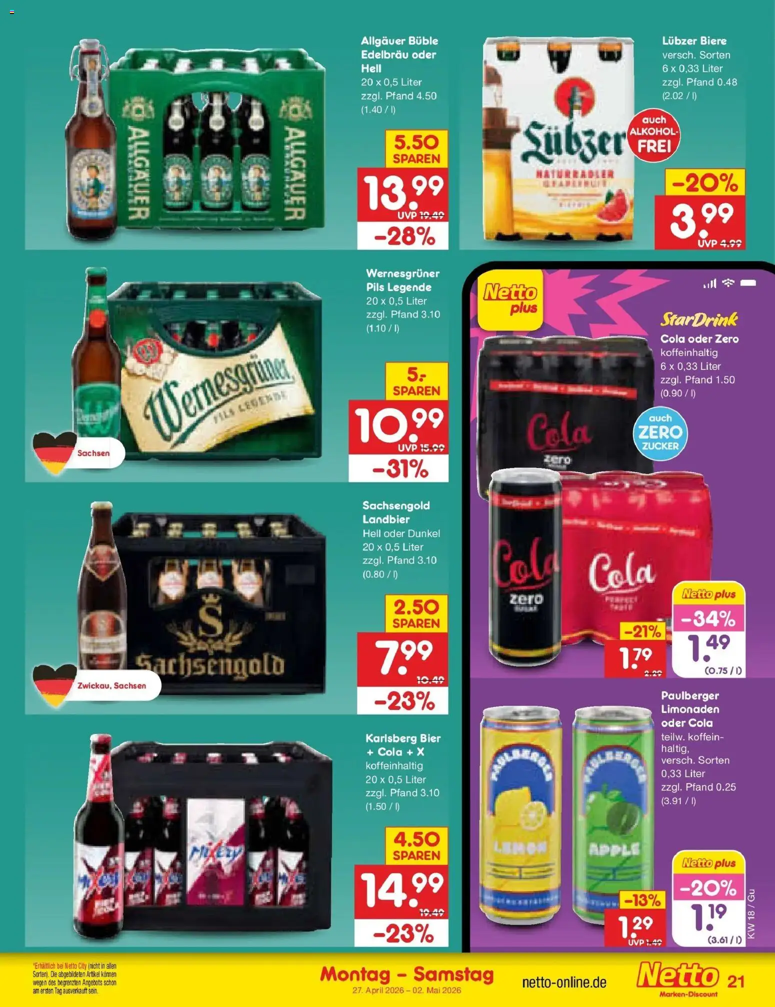 Netto Marken-Discount Prospekt Machern	 – gültig ab 27.04.2026 | Seite: 25 | Produkte: Cola, Bier, Wernesgruner, Lubzer