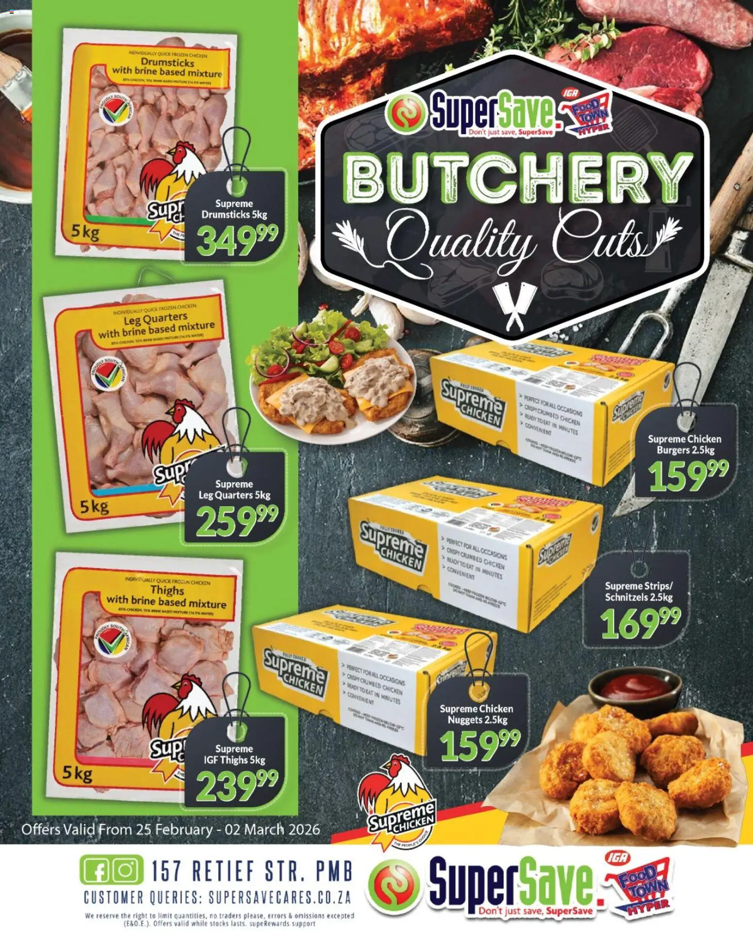 New Super Save catalogue – valid from 25.02.2026 | Page: 1 | Products: Magdalenas, Chicken, Burgers, Water