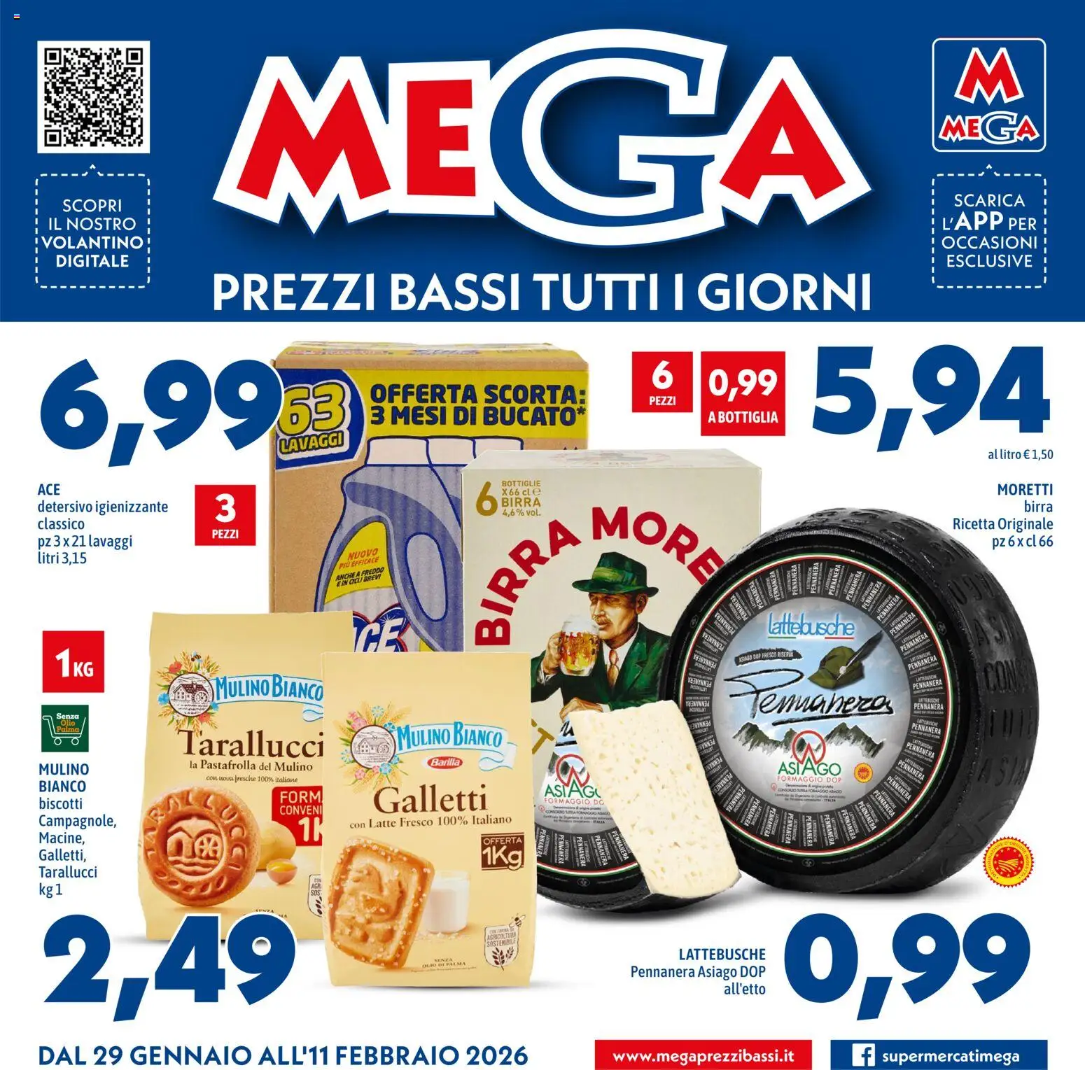 Volantino Mega del 29.01.2026 | Pagina: 1 | Prodotti: Birra, Biscotti, Formaggio, Bottiglia