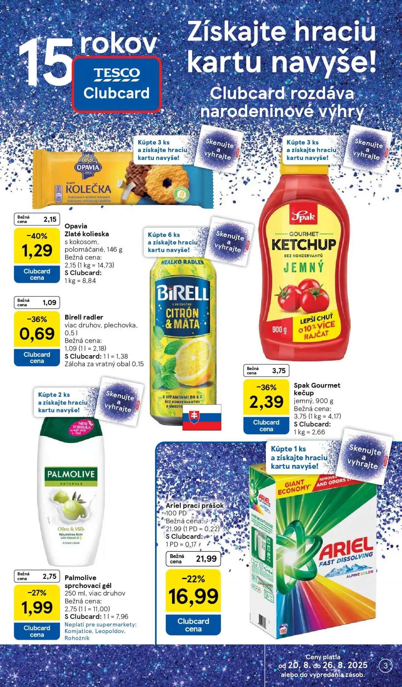Tesco Supermarket - leták │ platný od 20.08.2025 | Strana: 3 | Produkty: Birell, Radler, Kečup, Ariel
