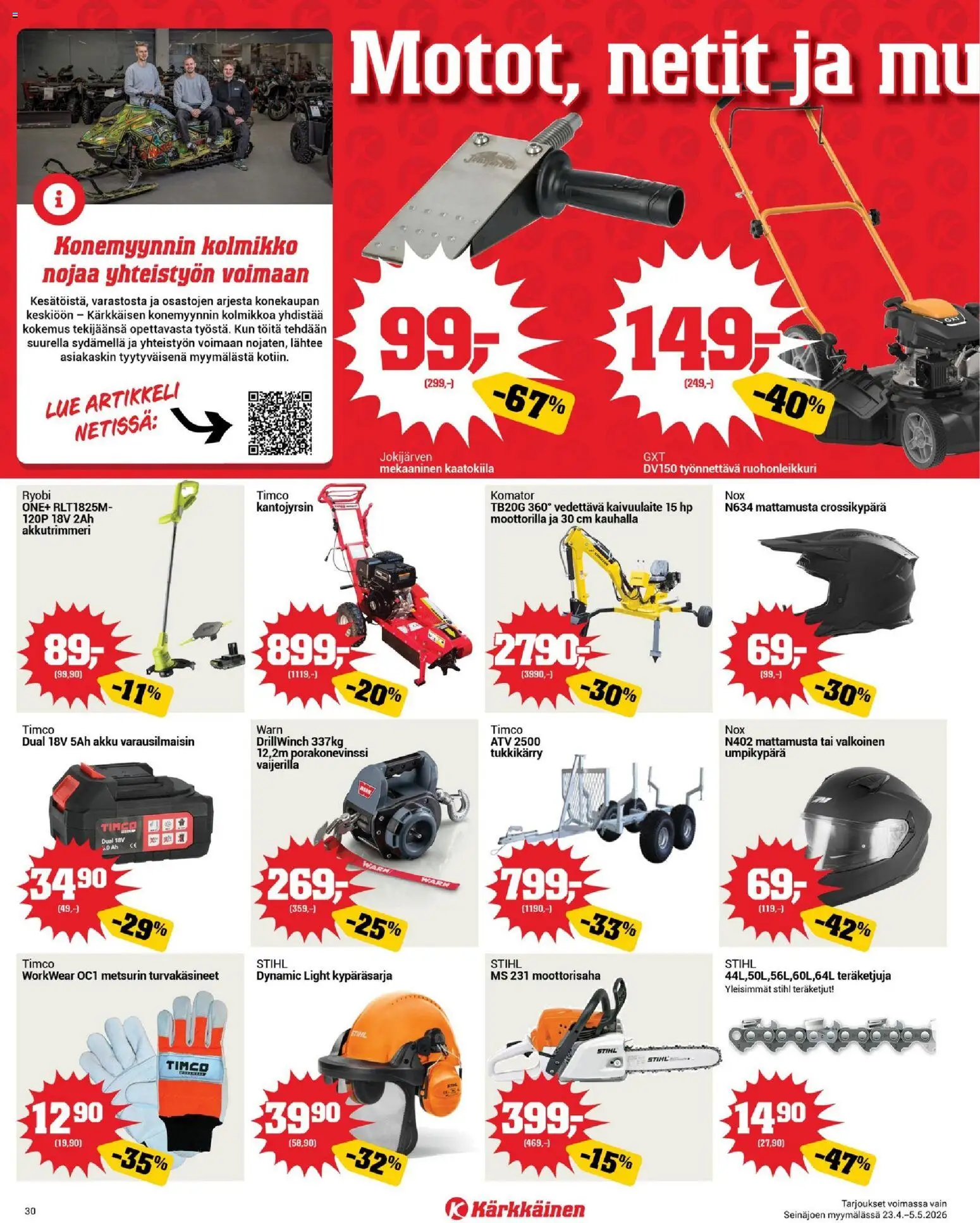Kärkkäinen tarjoukset - Seinäjoen alue – voimassa 23.04.2026 alkaen | Sivu: 30 | Tuotteet: Ruohonleikkuri, Moottorisaha, Akku
