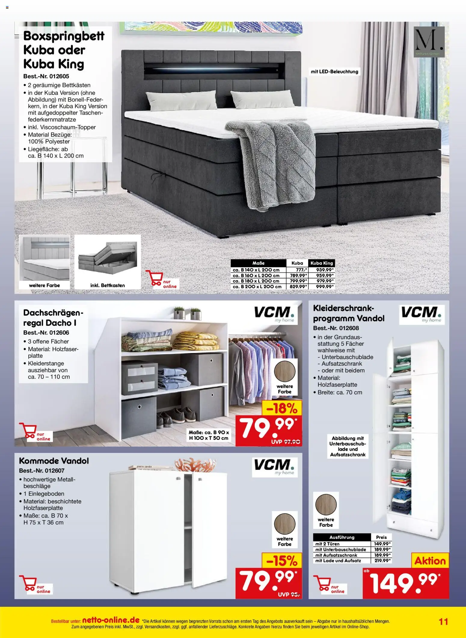 Netto Marken-Discount Online-Angebote Januar – gültig ab 01.01.2026 | Seite: 11 | Produkte: Kleiderschrank, Kommode, Boxspringbett, Regal