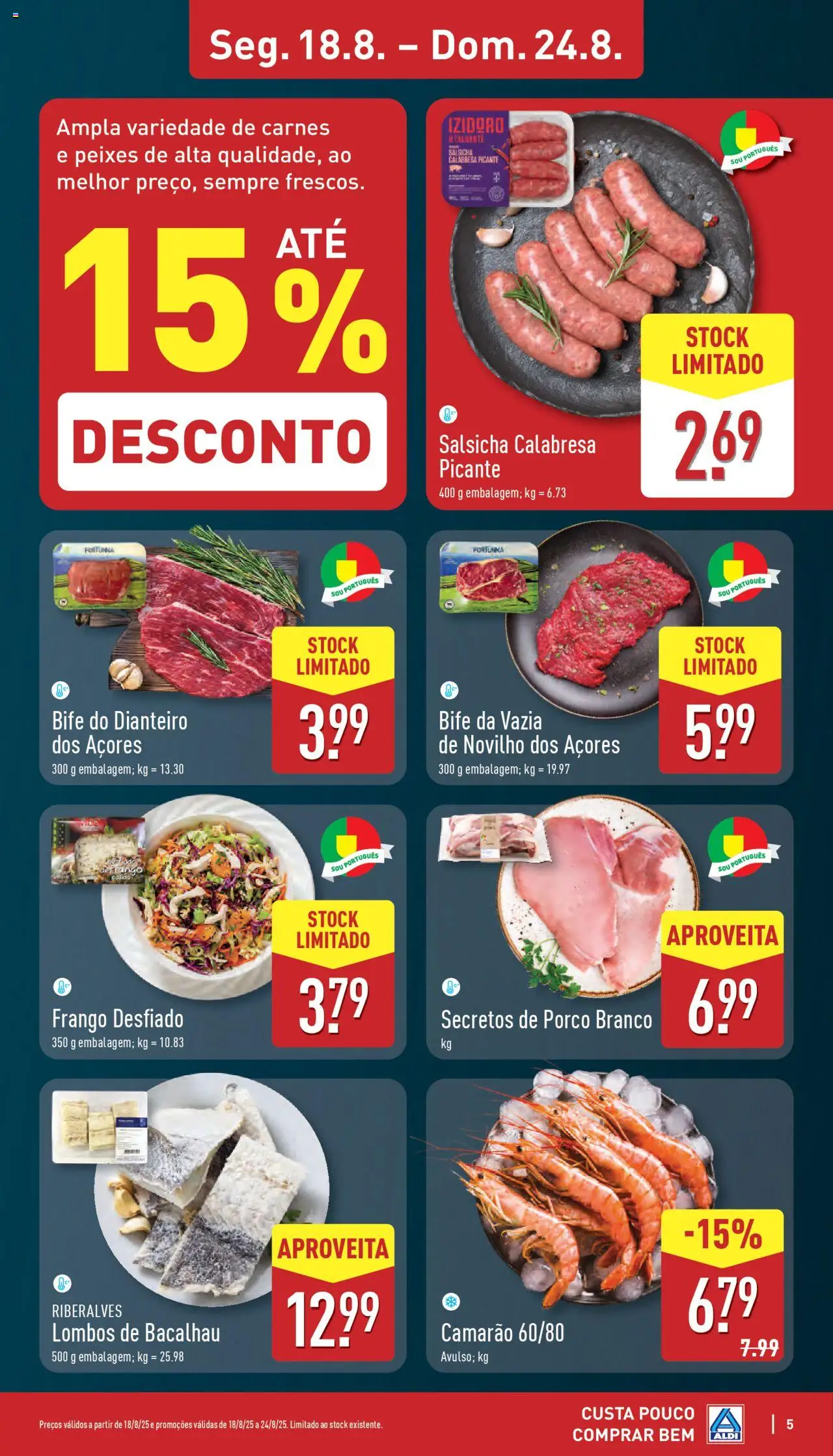 Aldi folheto │ válido de 18.08.2025 | Página: 5 | Produtos: Bacalhau, Frango, Camarão, Salsicha