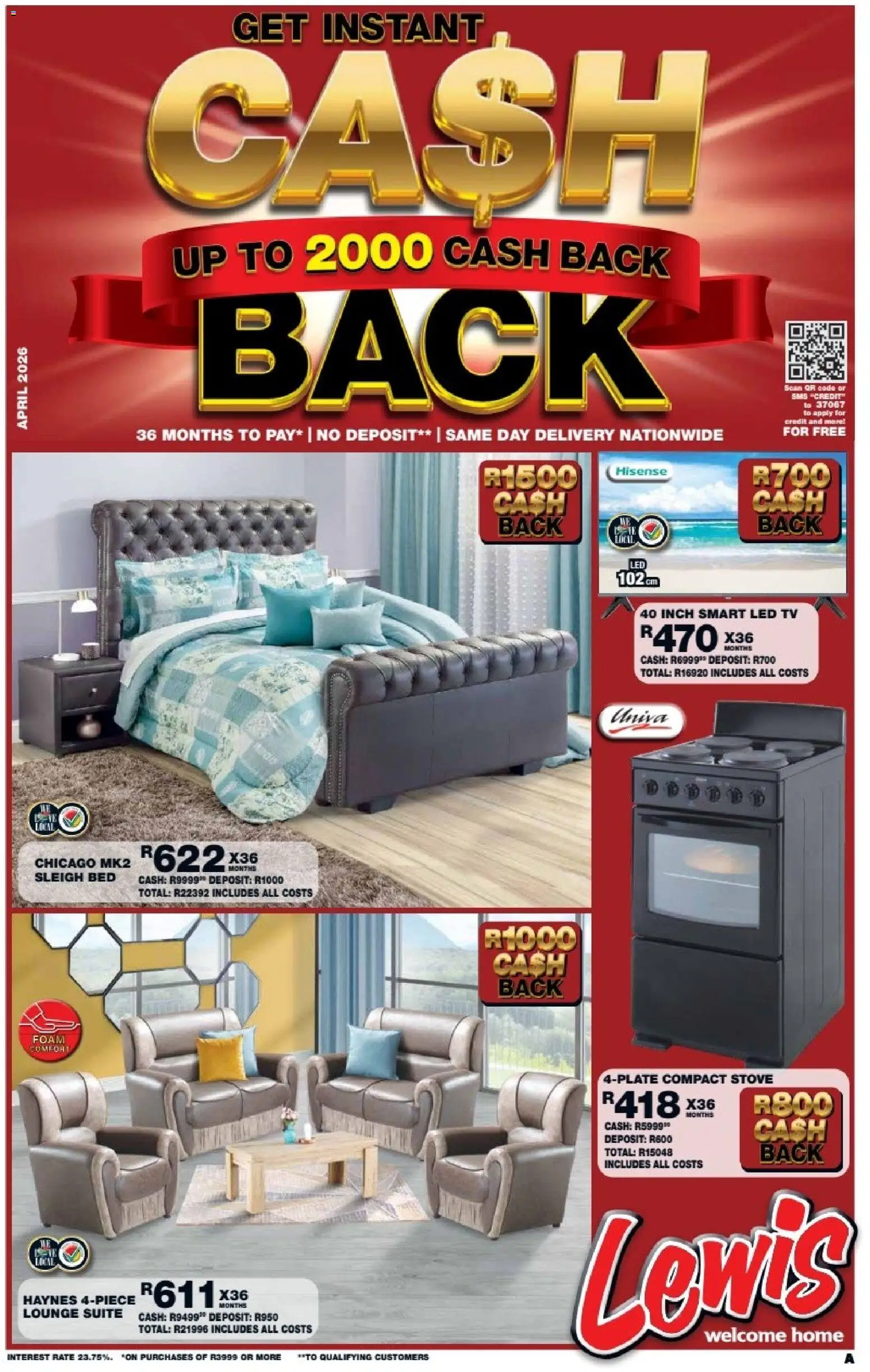 New Lewis Stores catalogue – valid from 13.04.2026 | Page: 1 | Products: Stove, Bed, TV, Lounge suite
