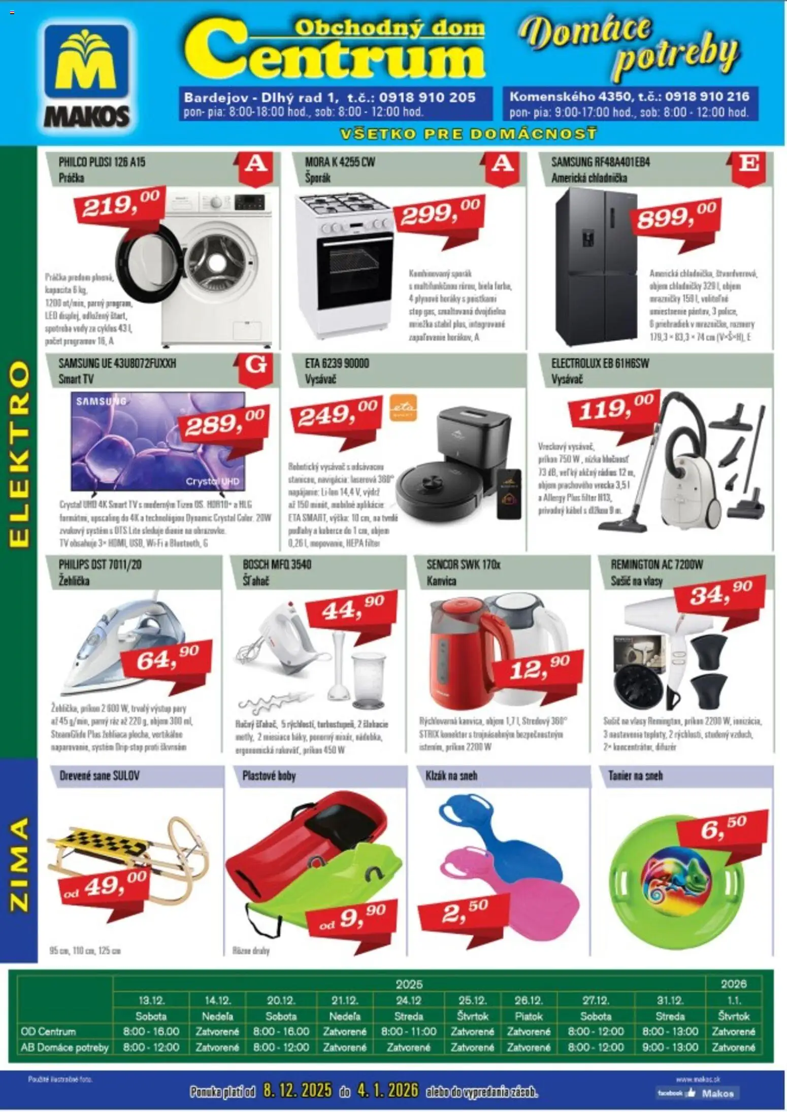 Nové Makos akcie – leták je platný od 08.12.2025 | Strana: 1 | Produkty: Tv, Mrazničky, Chladnička, Americká chladnička