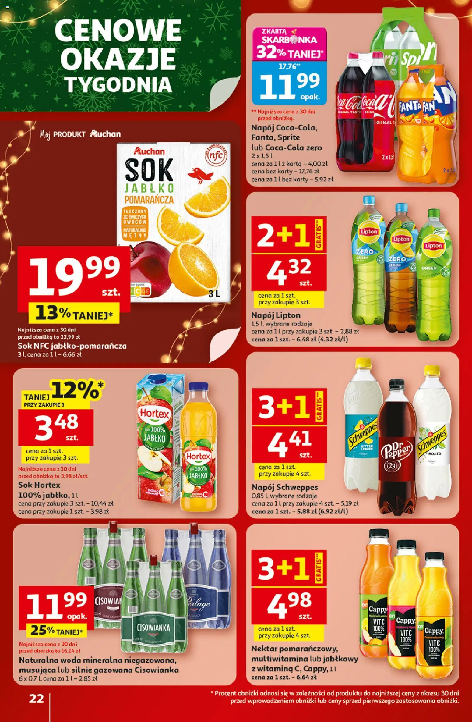 Auchan Gazetka - Święta jak babcię kocham Hipermarket od 18.12.2025 | Strona: 22 | Produkty: Karta, Sprite, Sok, Woda