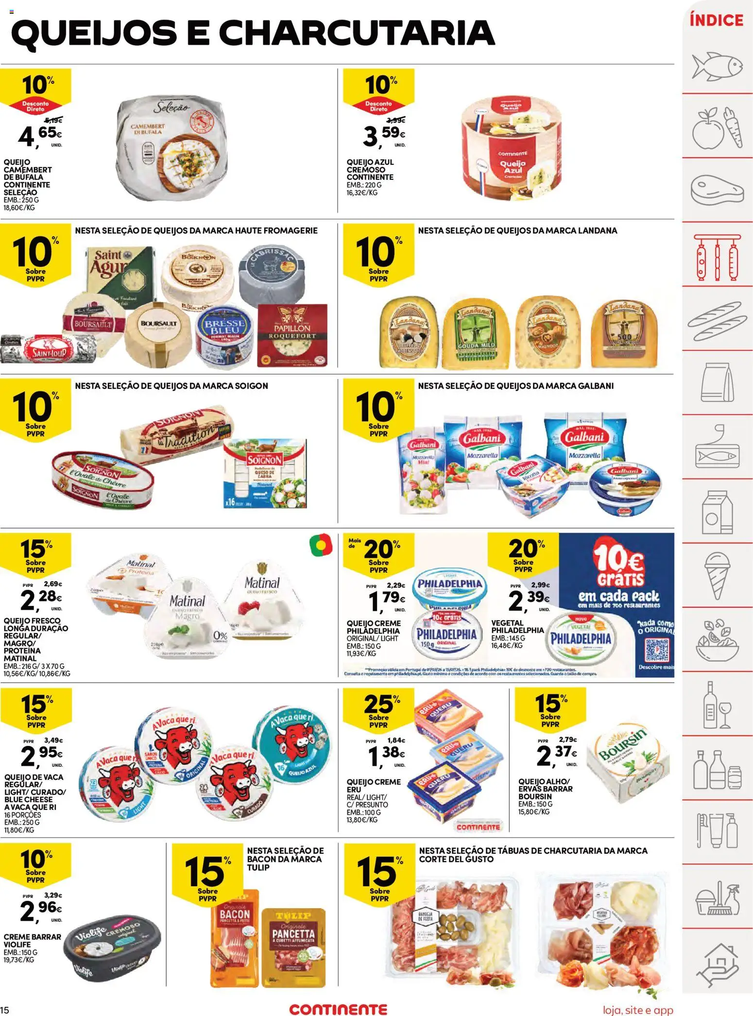 Continente Semanal Continente Bom Dia │ válido de 24.03.2026 | Página: 15 | Produtos: Tábua, Cream cheese, Queijo, Proteina