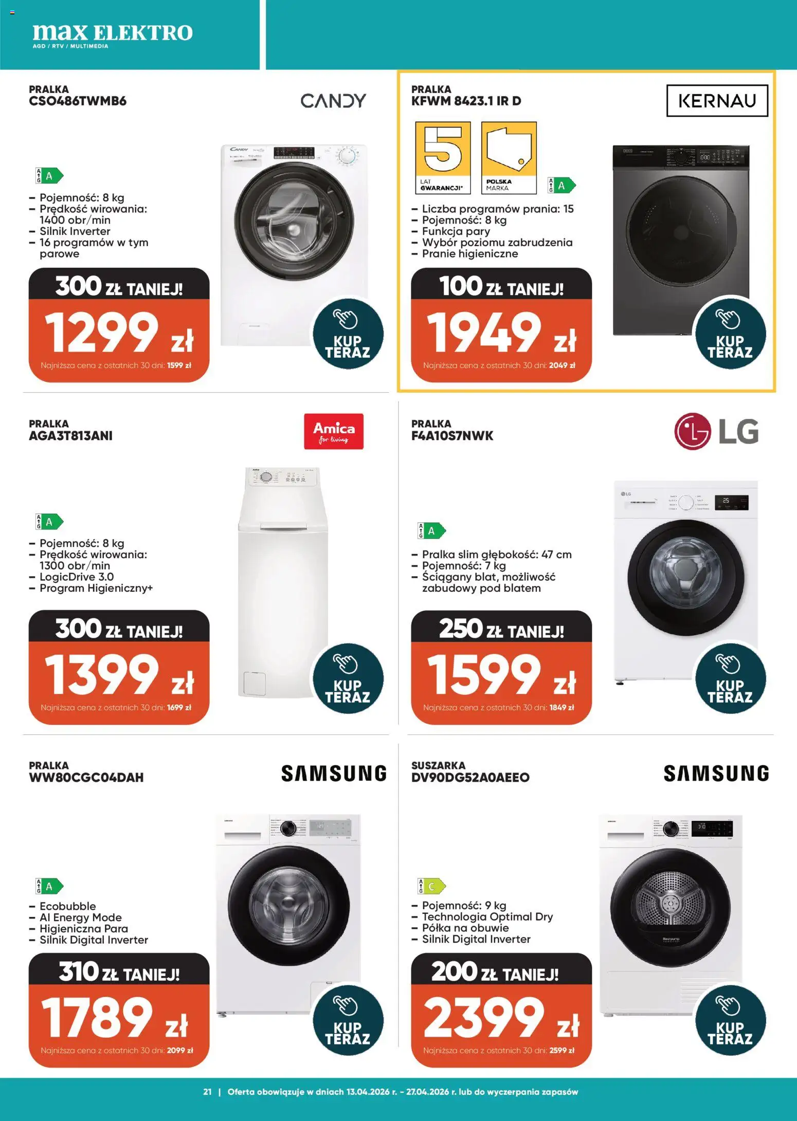 Max elektro gazetka od 13.04.2026 | Strona: 21 | Produkty: Pralka, Suszarka, Półka