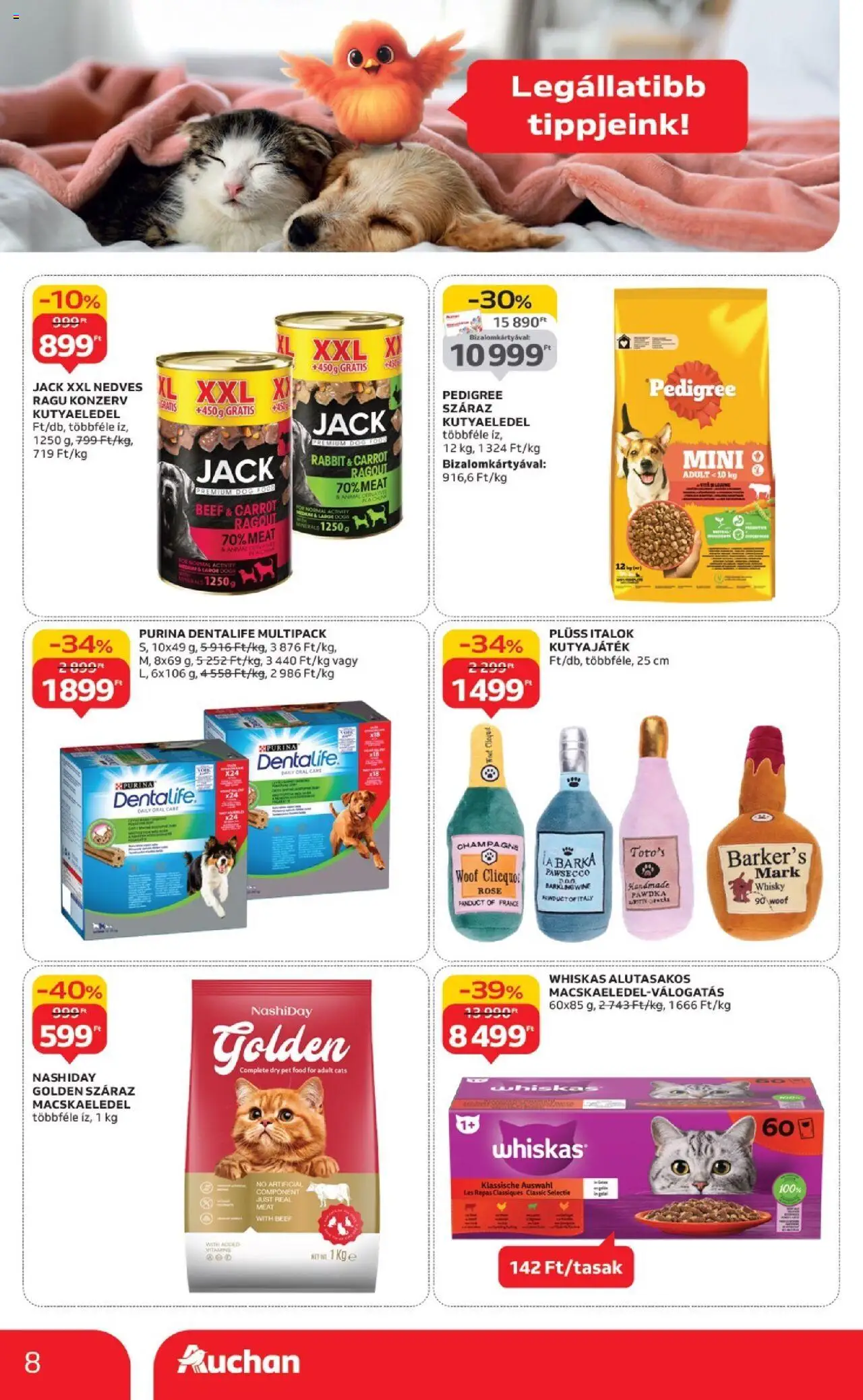 Auchan akciós ujság - amely érvényes a következő dátumtól: 25.09.2025 | Oldal: 8 | Termékek: Macskaeledel, Kutyaeledel, Plüss, Whisky