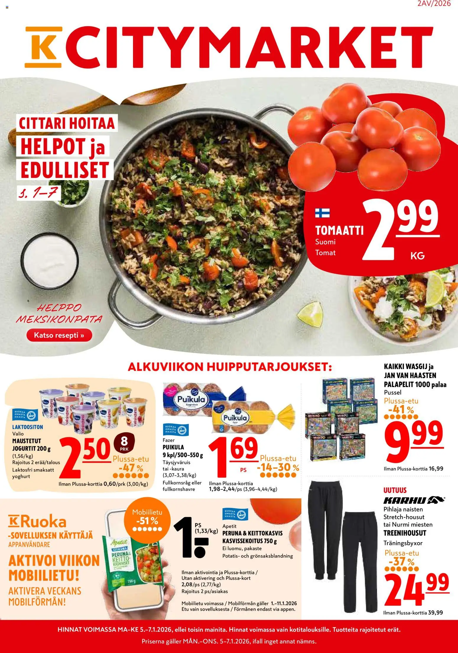 K-Citymarket tarjoukset – voimassa 05.01.2026 alkaen | Sivu: 1 | Tuotteet: Kaura, Keitto, Peruna