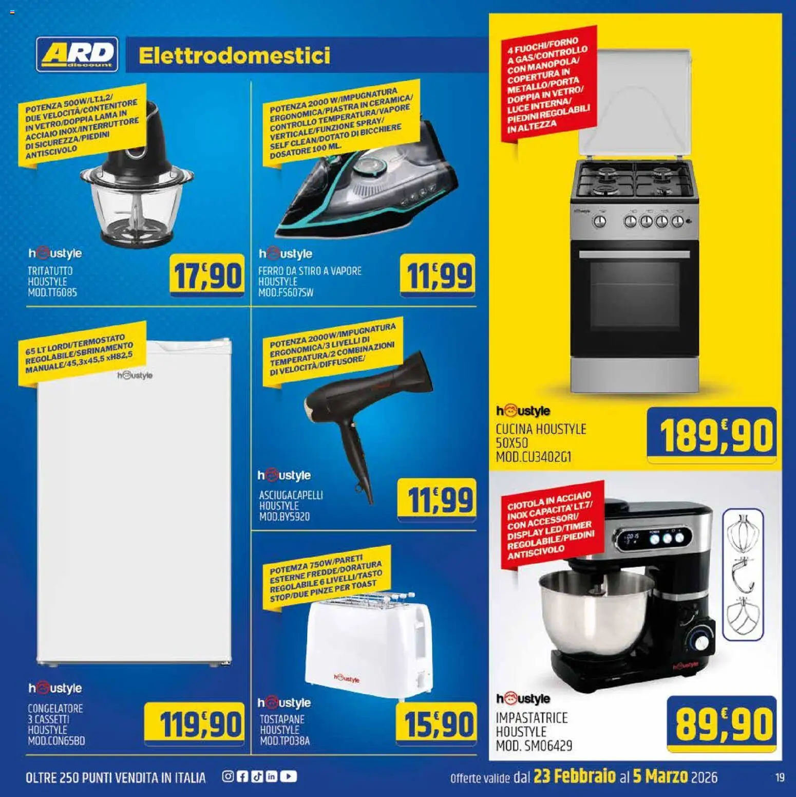 Volantino ARD Discount del 23.02.2026 | Pagina: 19 | Prodotti: Impastatrice, Tritatutto, Ferro da stiro, Ciotola
