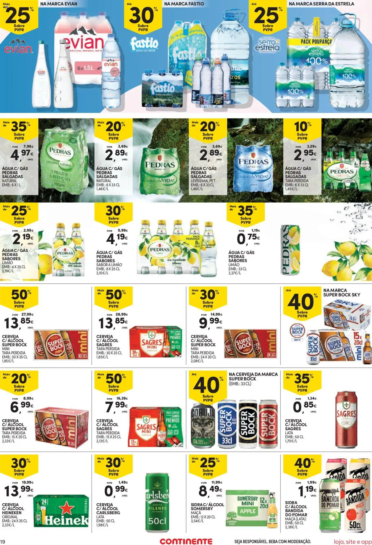 Continente Semanal Continente Bom Dia │ válido de 19.08.2025 | Página: 19 | Produtos: Agua, Super bock sky, Taças, Super bock