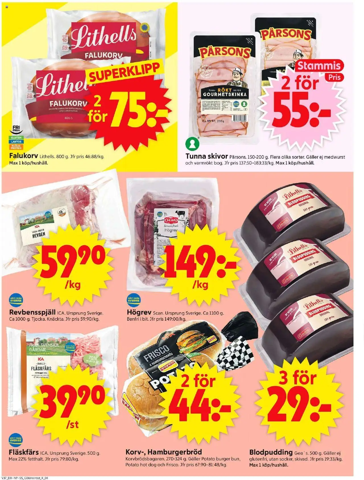 ICA Supermarket reklamblad aktuell från 08.09.2025 | Sida: 4 | Produkter: Revbensspjäll, Falukorv, Hamburgerbröd, Mjölk