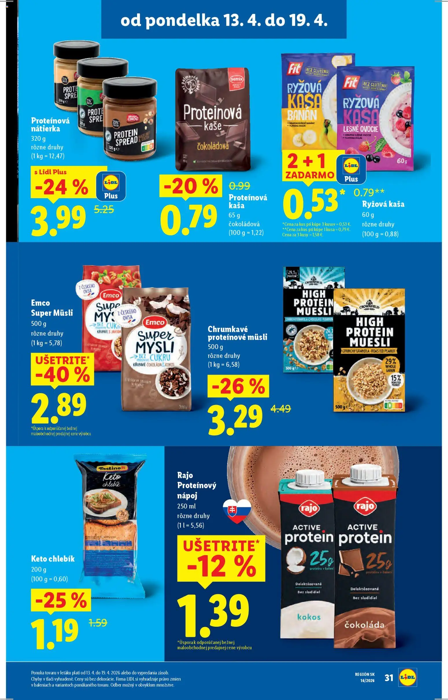 Nové Lidl akcie – leták je platný od 13.04.2026 | Strana: 33 | Produkty: Protein, Čokoláda, Ovocie
